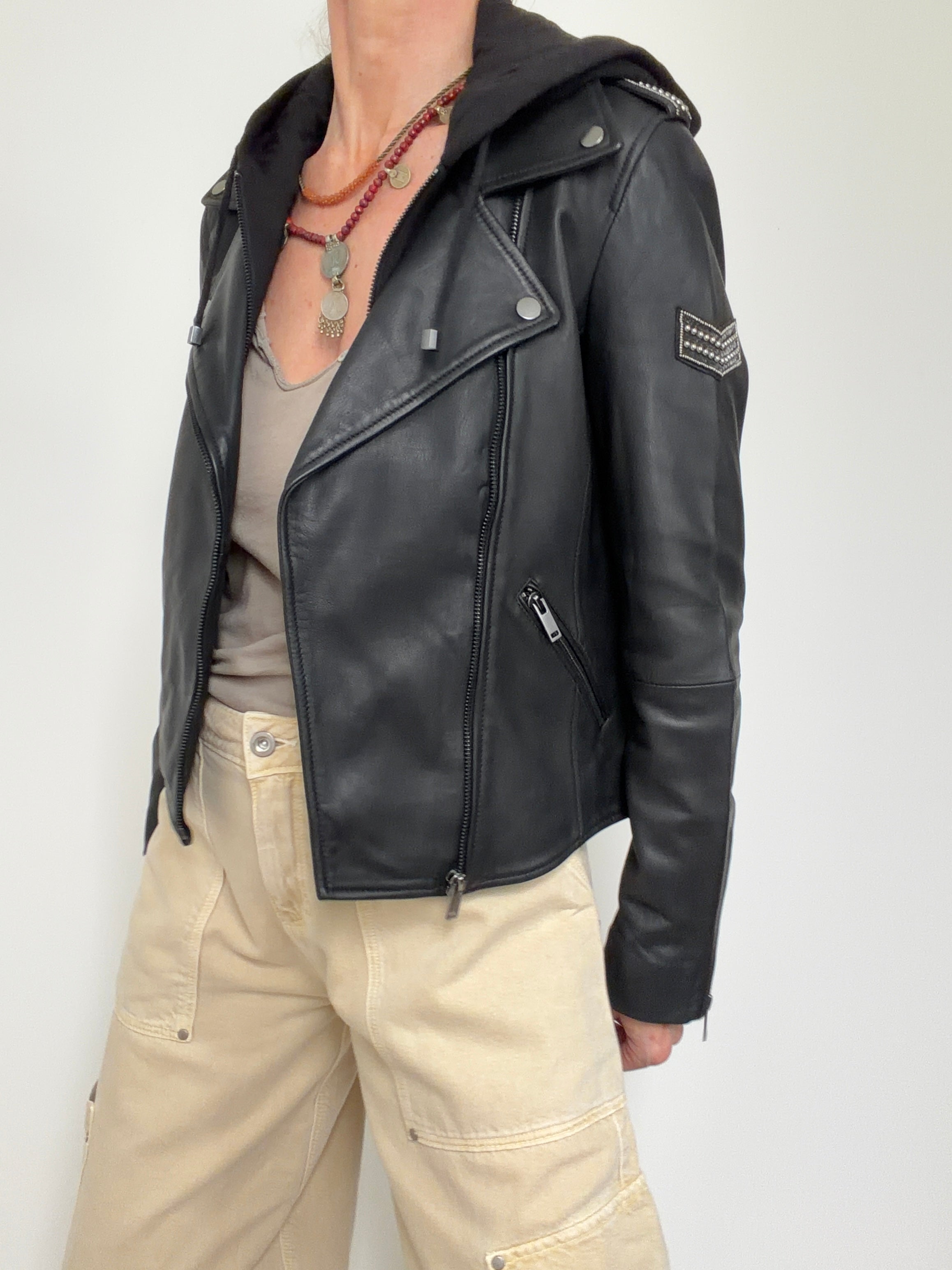High Neck Lined Notched Collar Leather Jacket