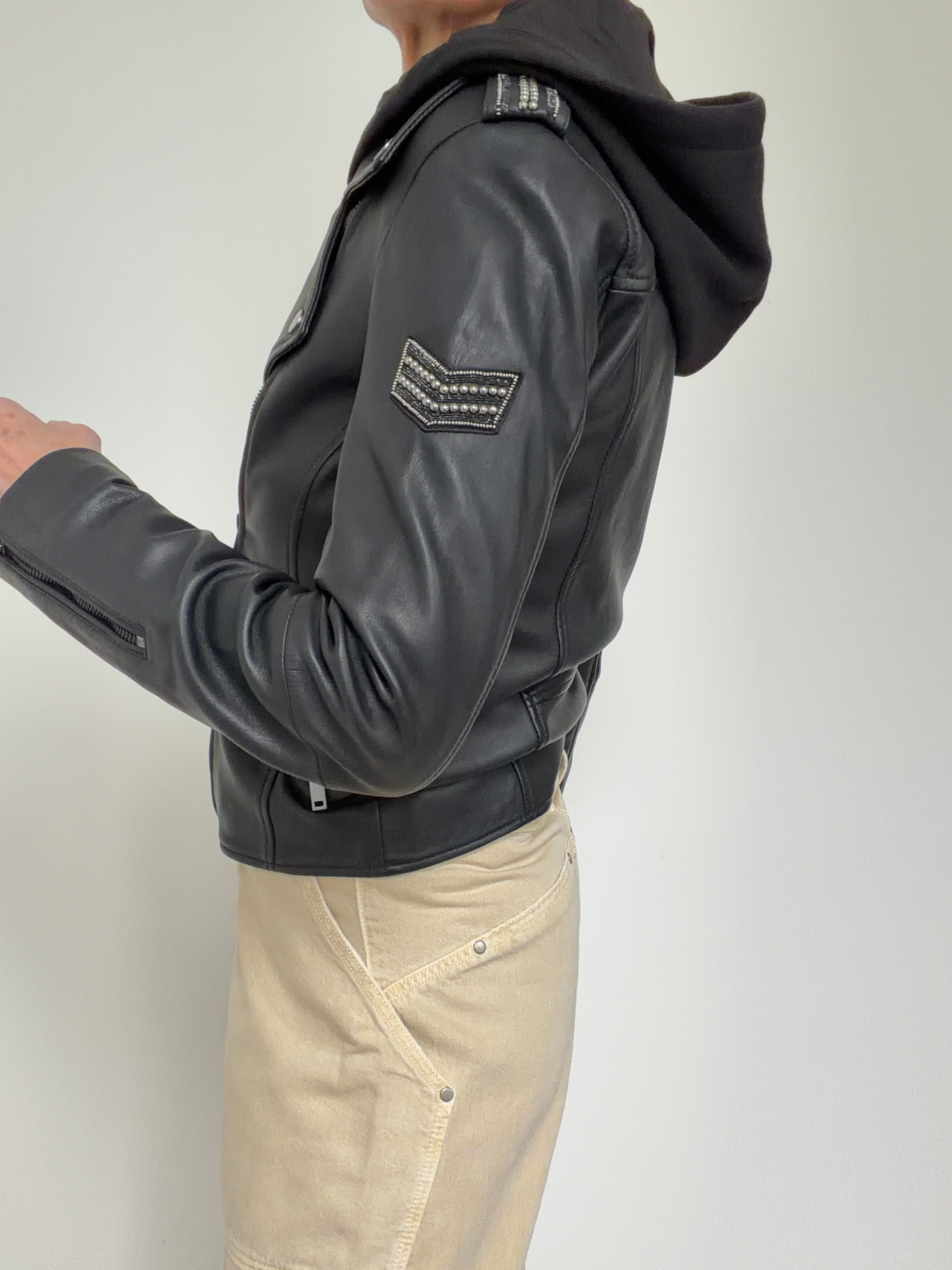 High Neck Lined Notched Collar Leather Jacket