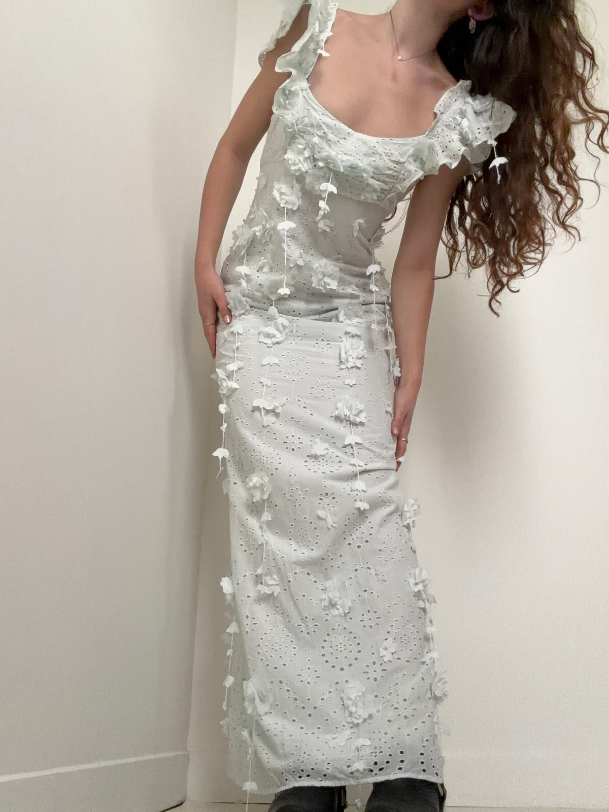 3D Broderie Anglaise Dress Seafoam