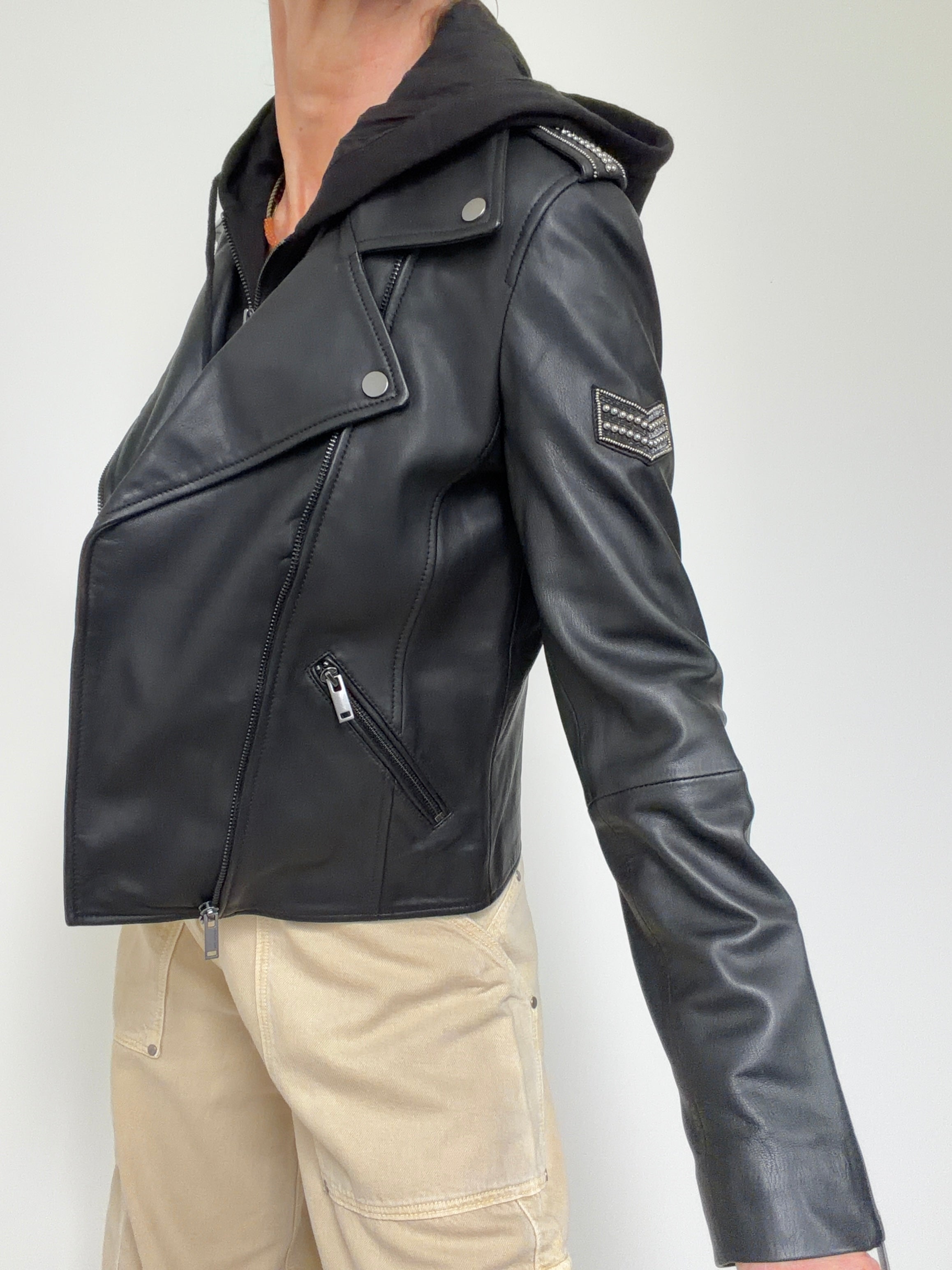 High Neck Lined Notched Collar Leather Jacket