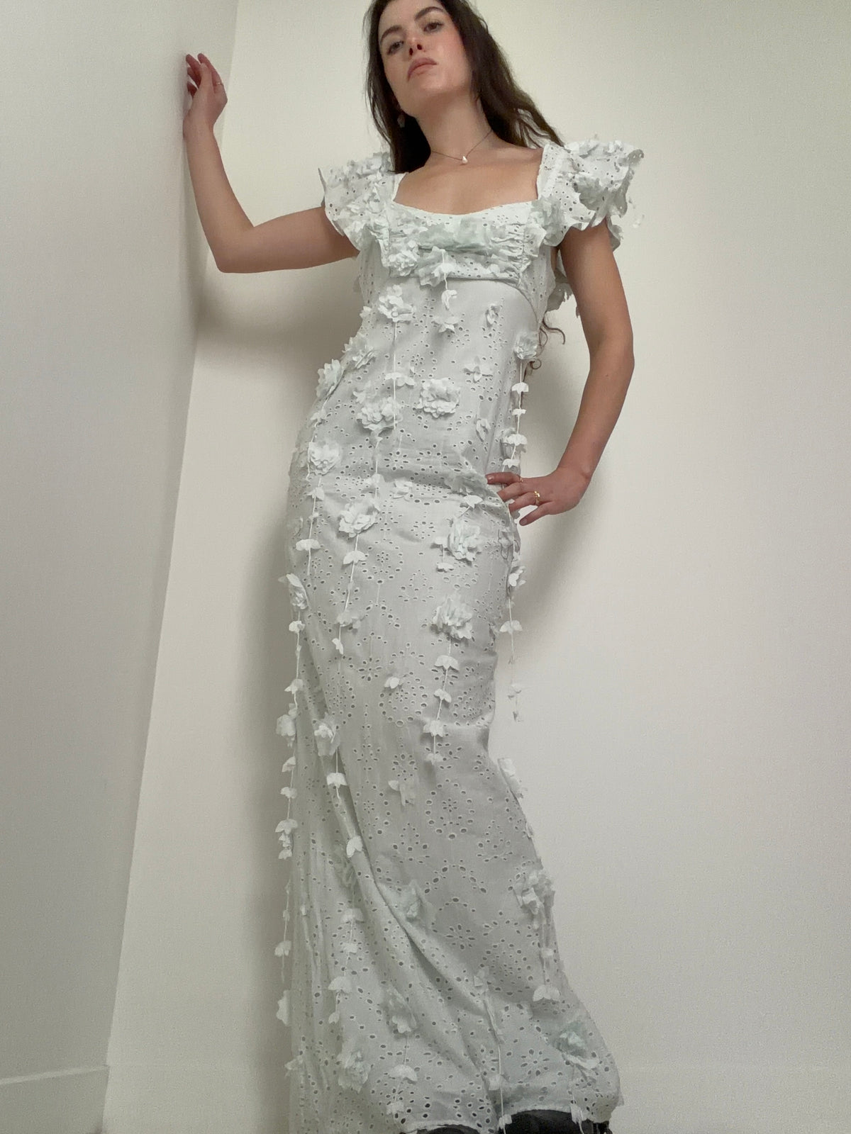 3D Broderie Anglaise Dress Seafoam