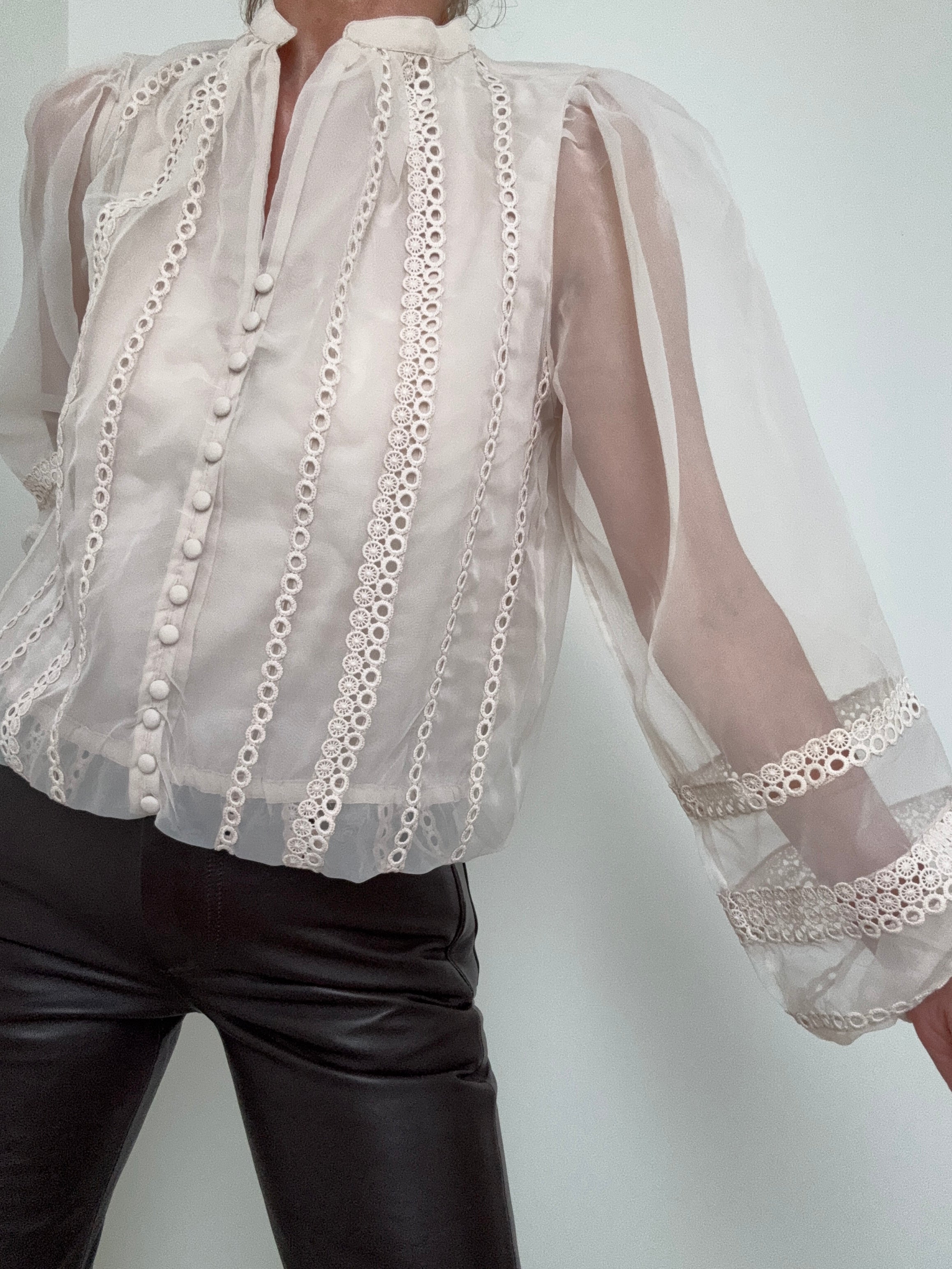 Sheer Trim Detail Long Sleeve Blouse