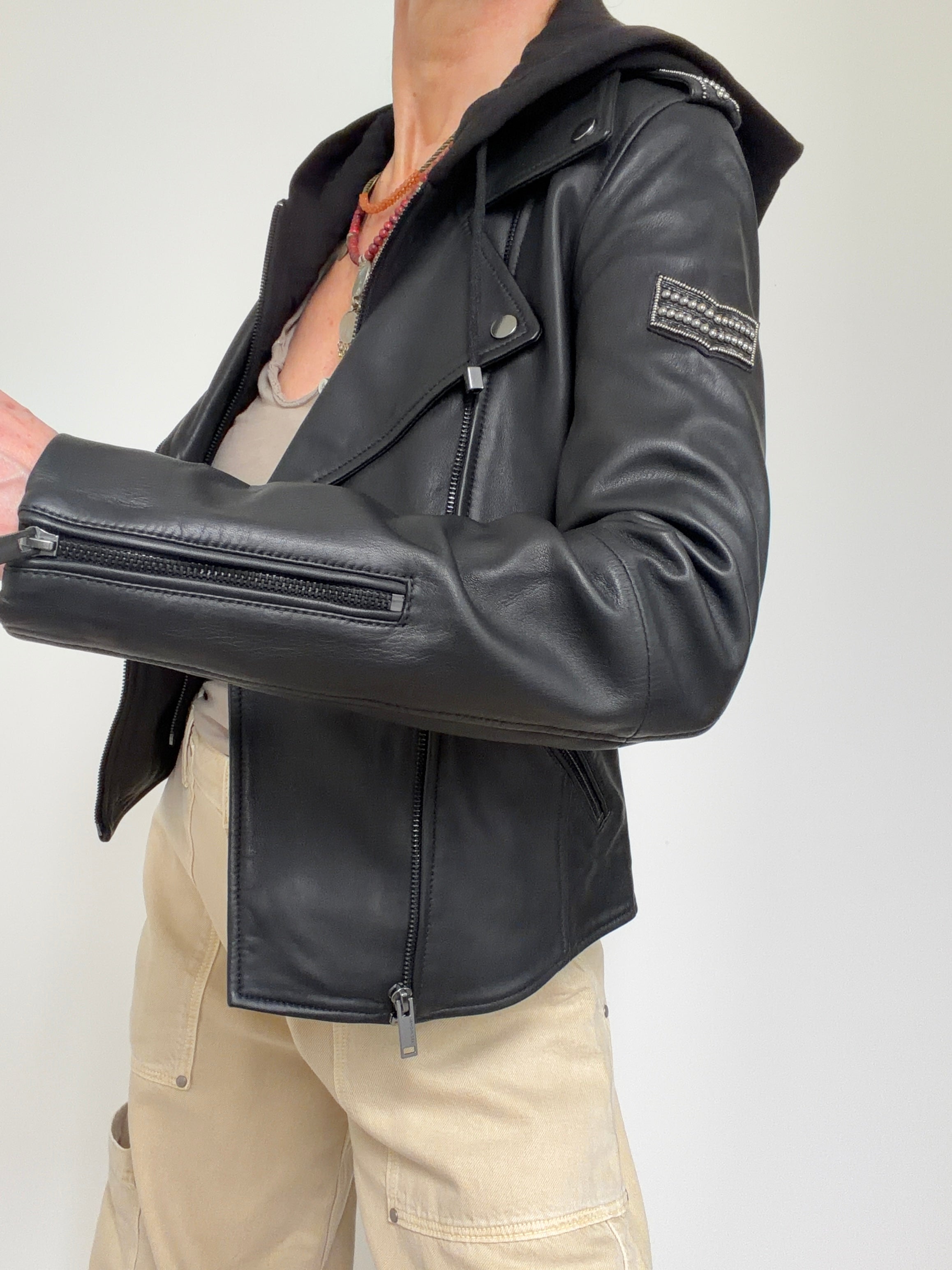 High Neck Lined Notched Collar Leather Jacket
