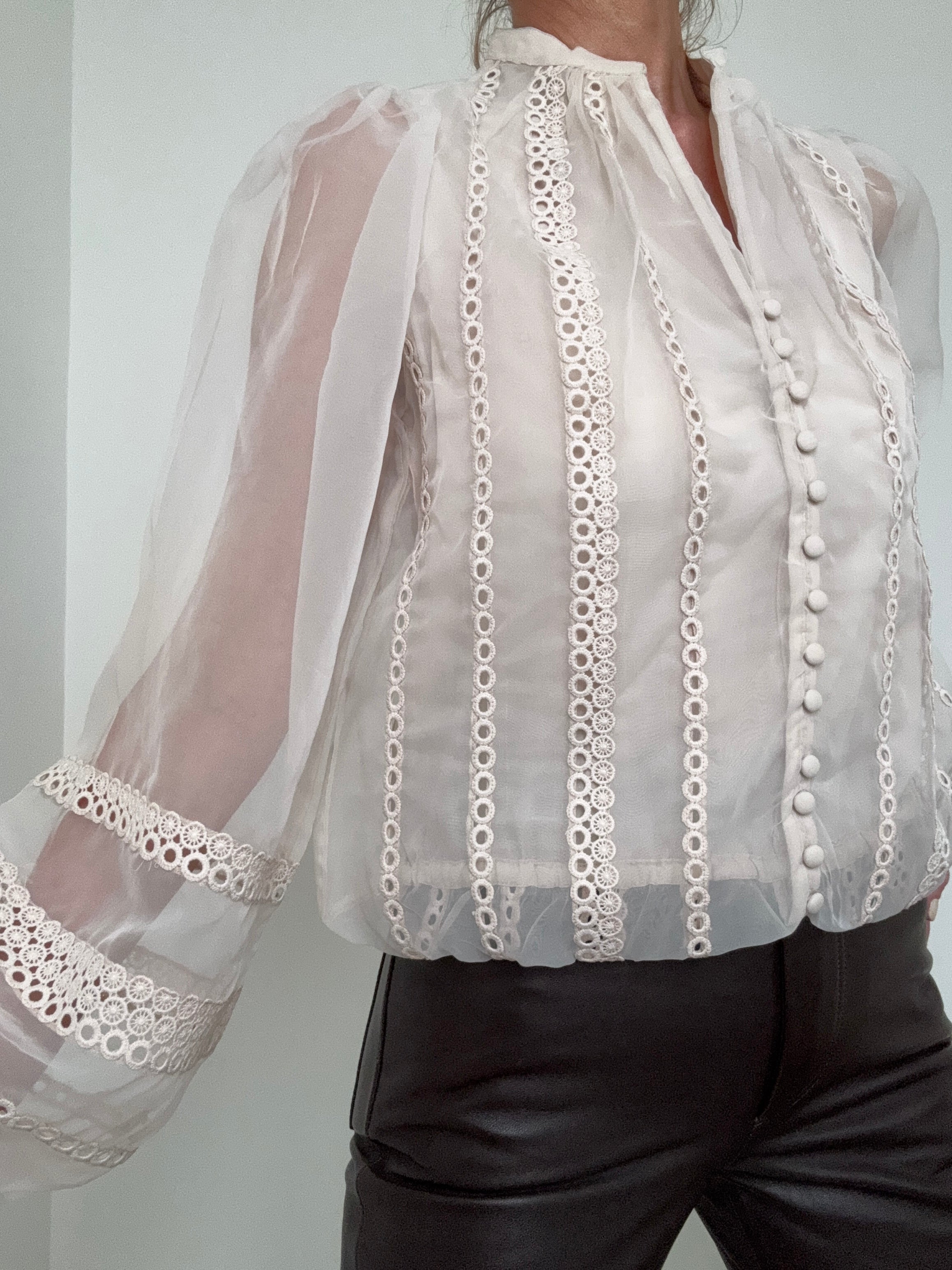 Sheer Trim Detail Long Sleeve Blouse