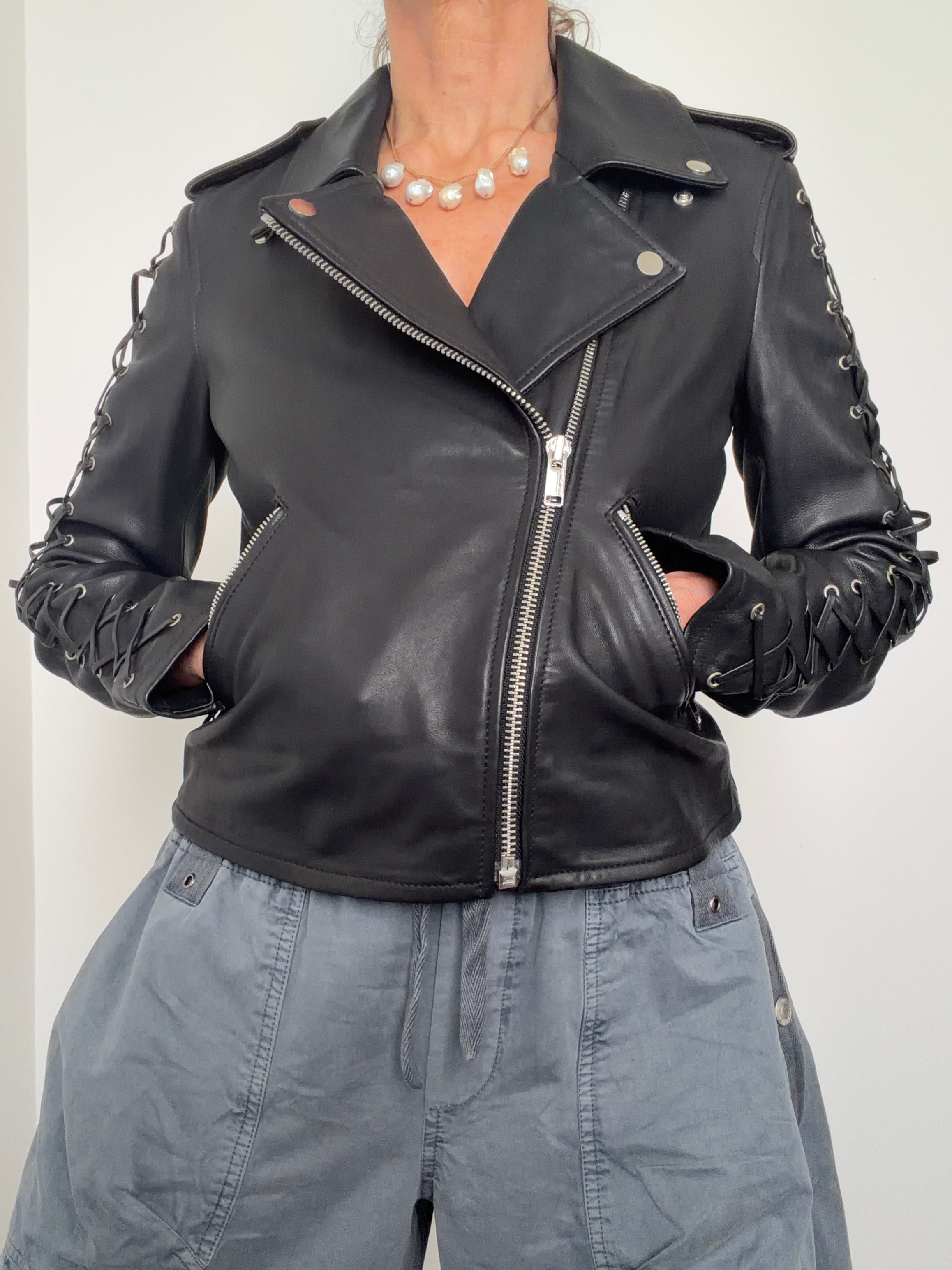 Lace Up Leather Biker Jacket