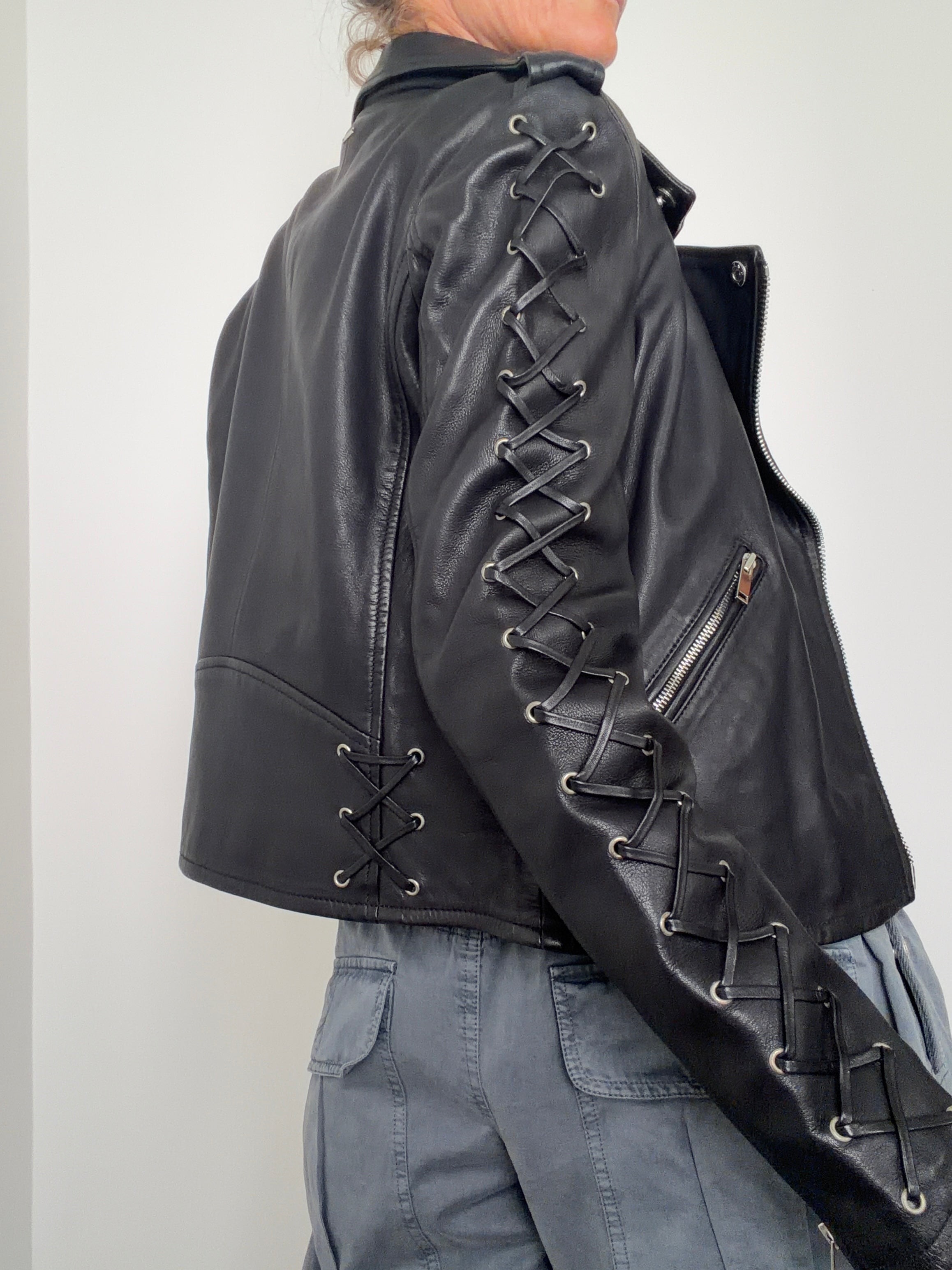 Lace Up Leather Biker Jacket