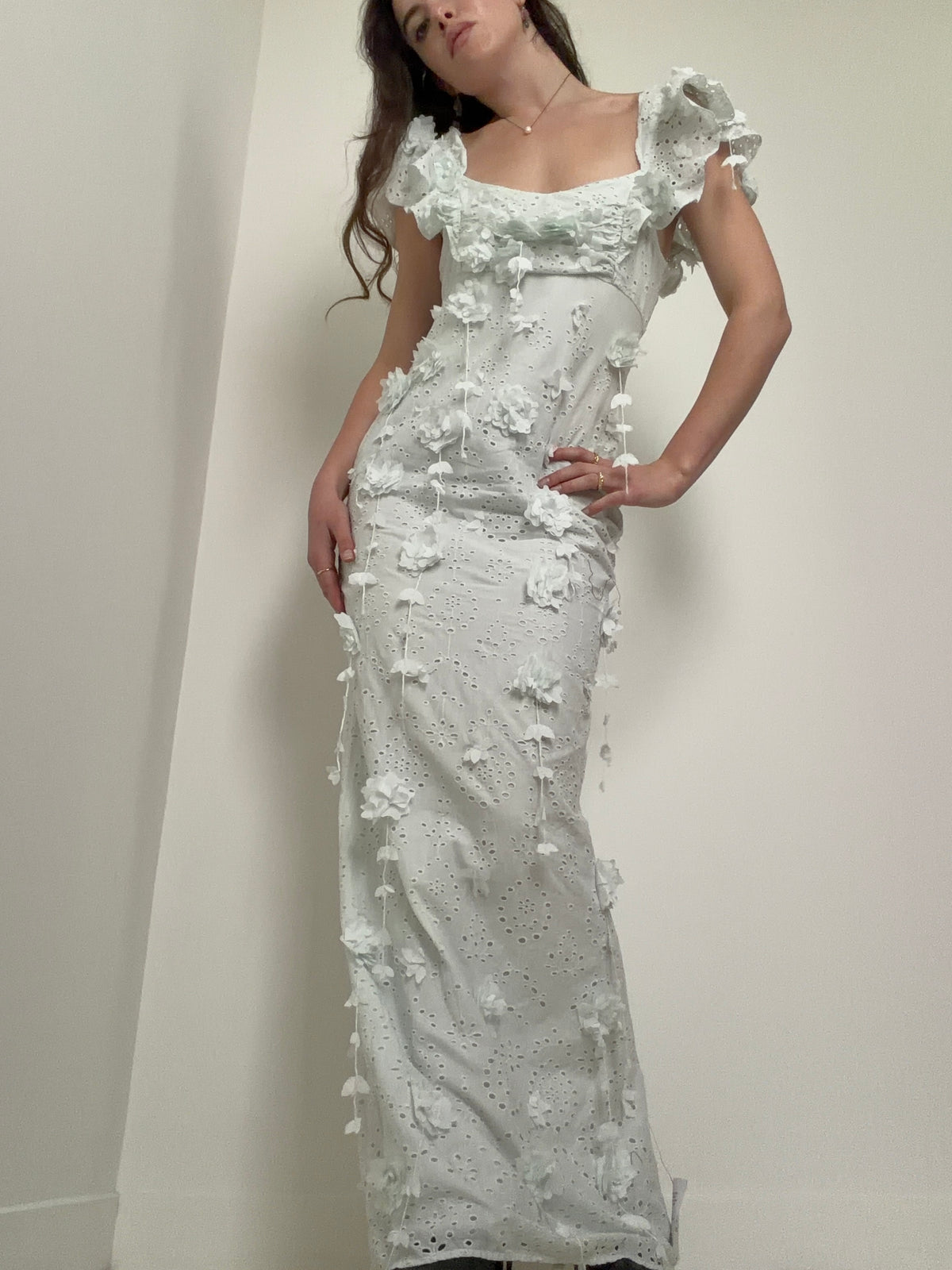 3D Broderie Anglaise Dress Seafoam