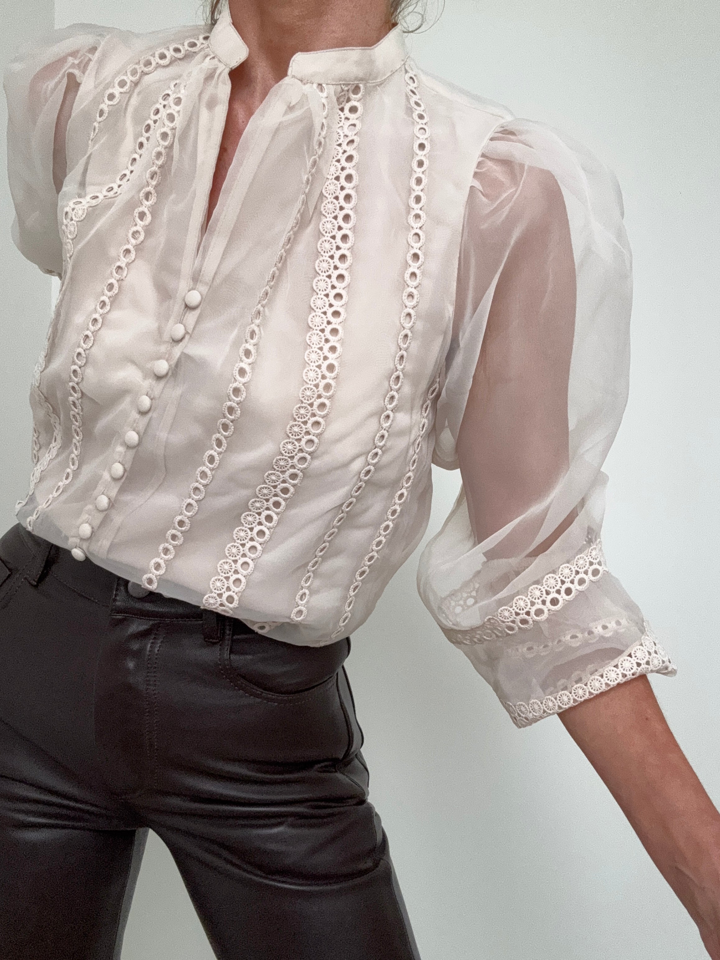 Sheer Trim Detail Long Sleeve Blouse
