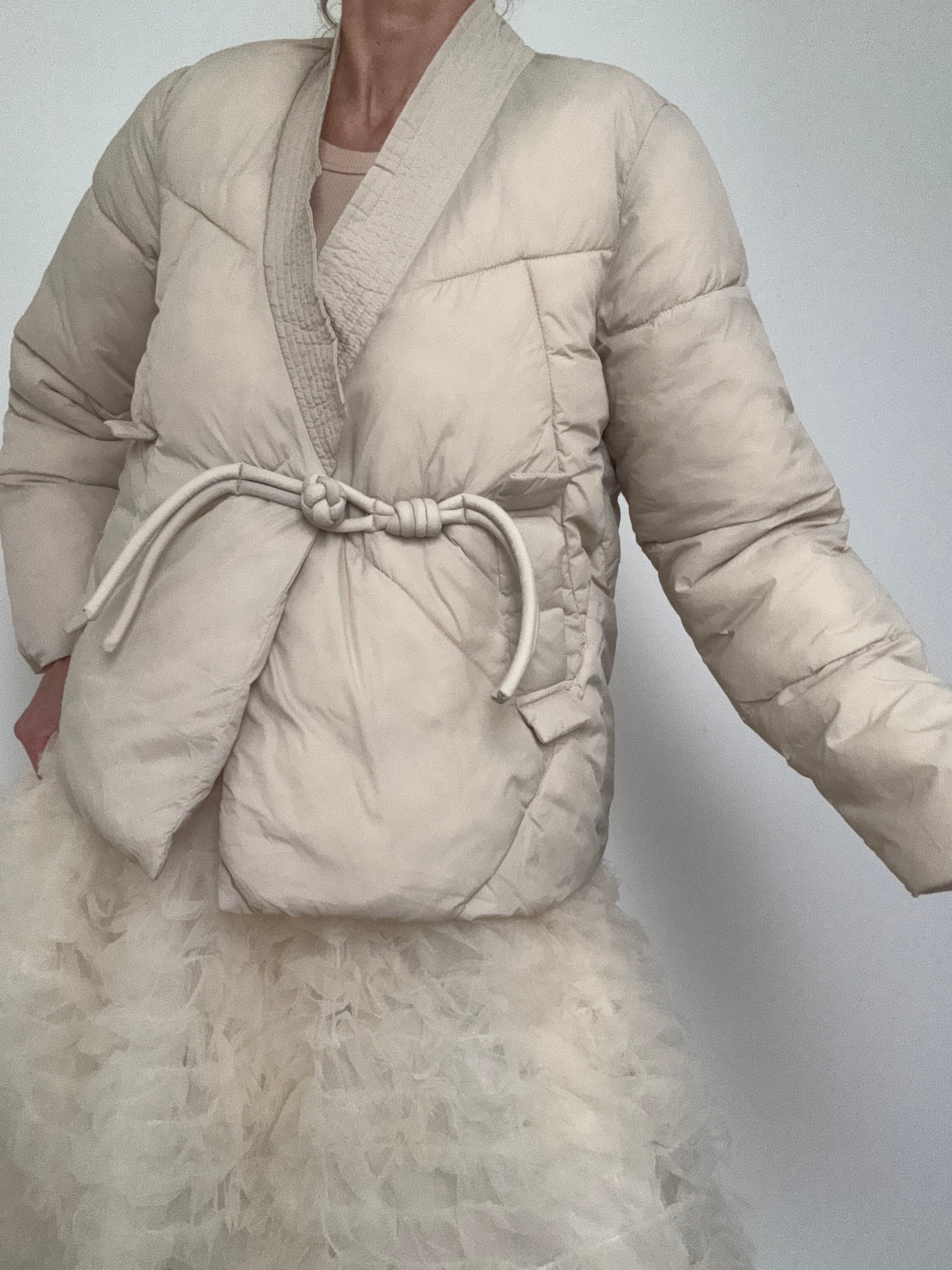 Knotted Button Kimono Jacket Cream