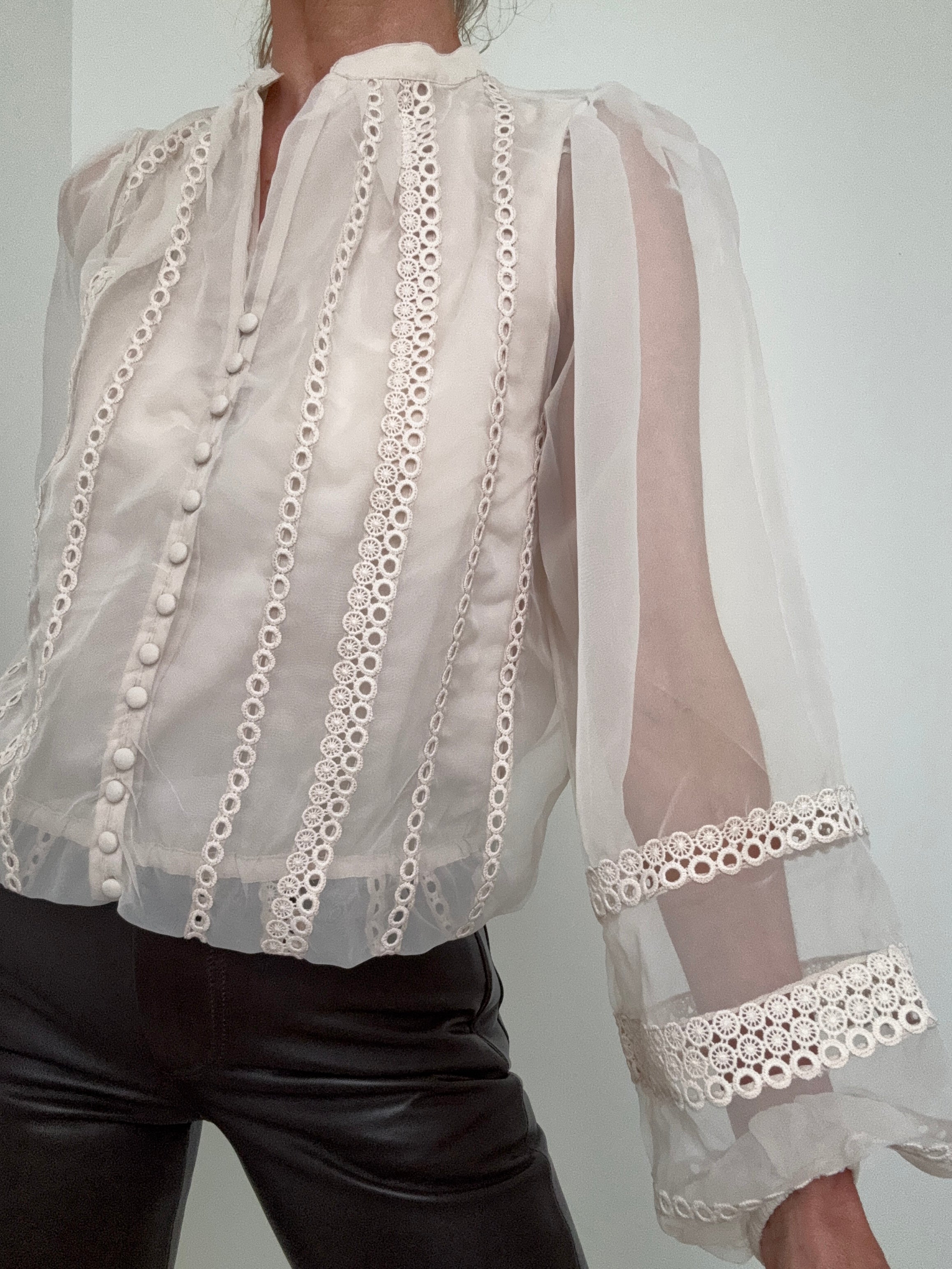 Sheer Trim Detail Long Sleeve Blouse