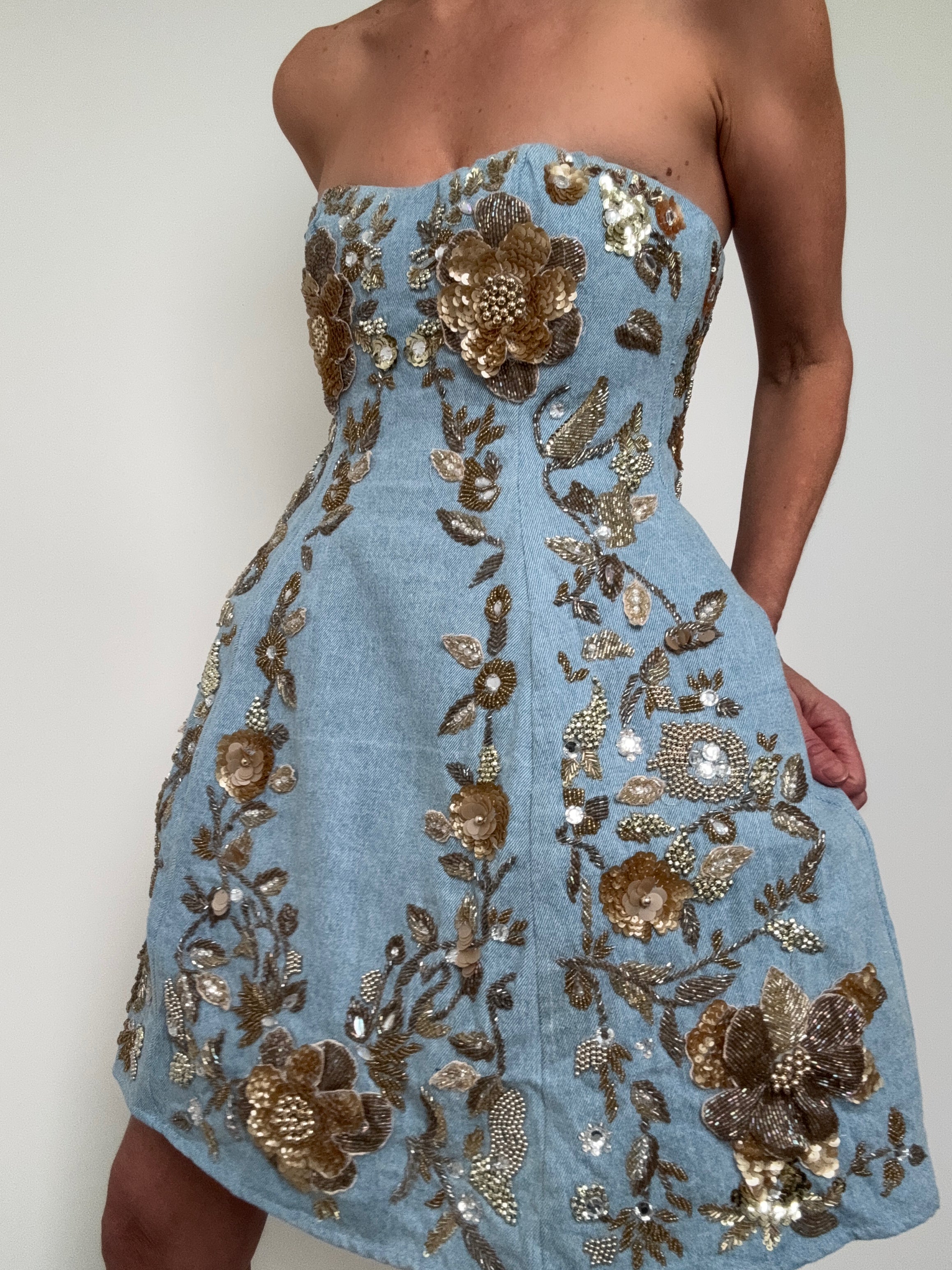 3D Floral Gold Denim Mini Dress | Dresses