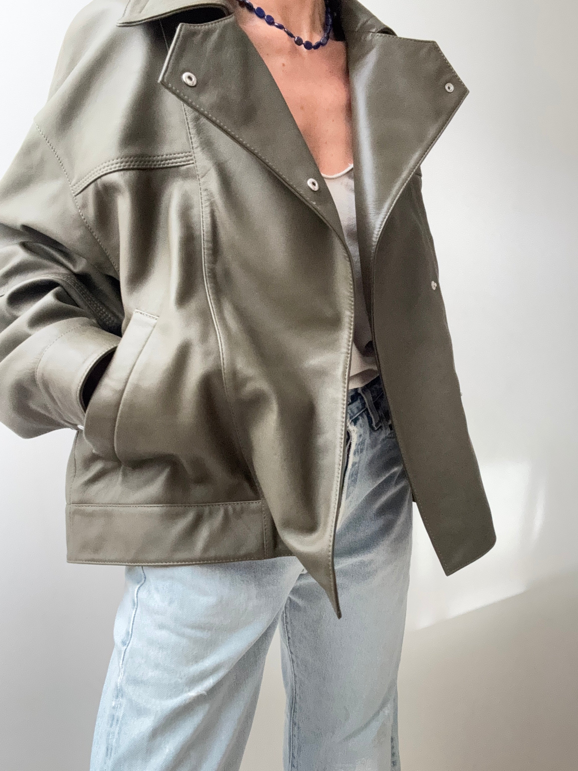 Cross Front Leather Jacket Khaki | Jackets