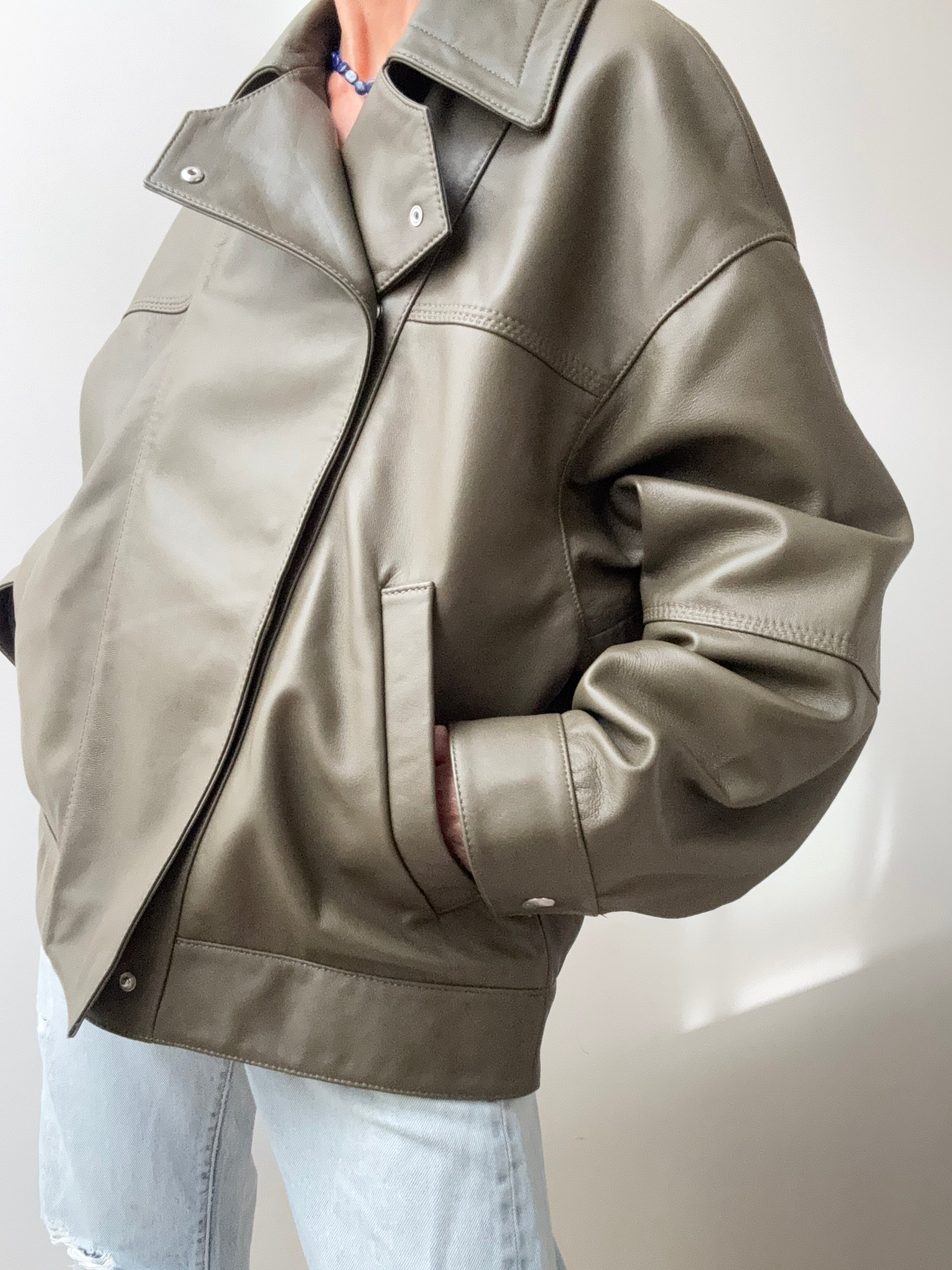 Cross Front Leather Jacket Khaki | Jackets