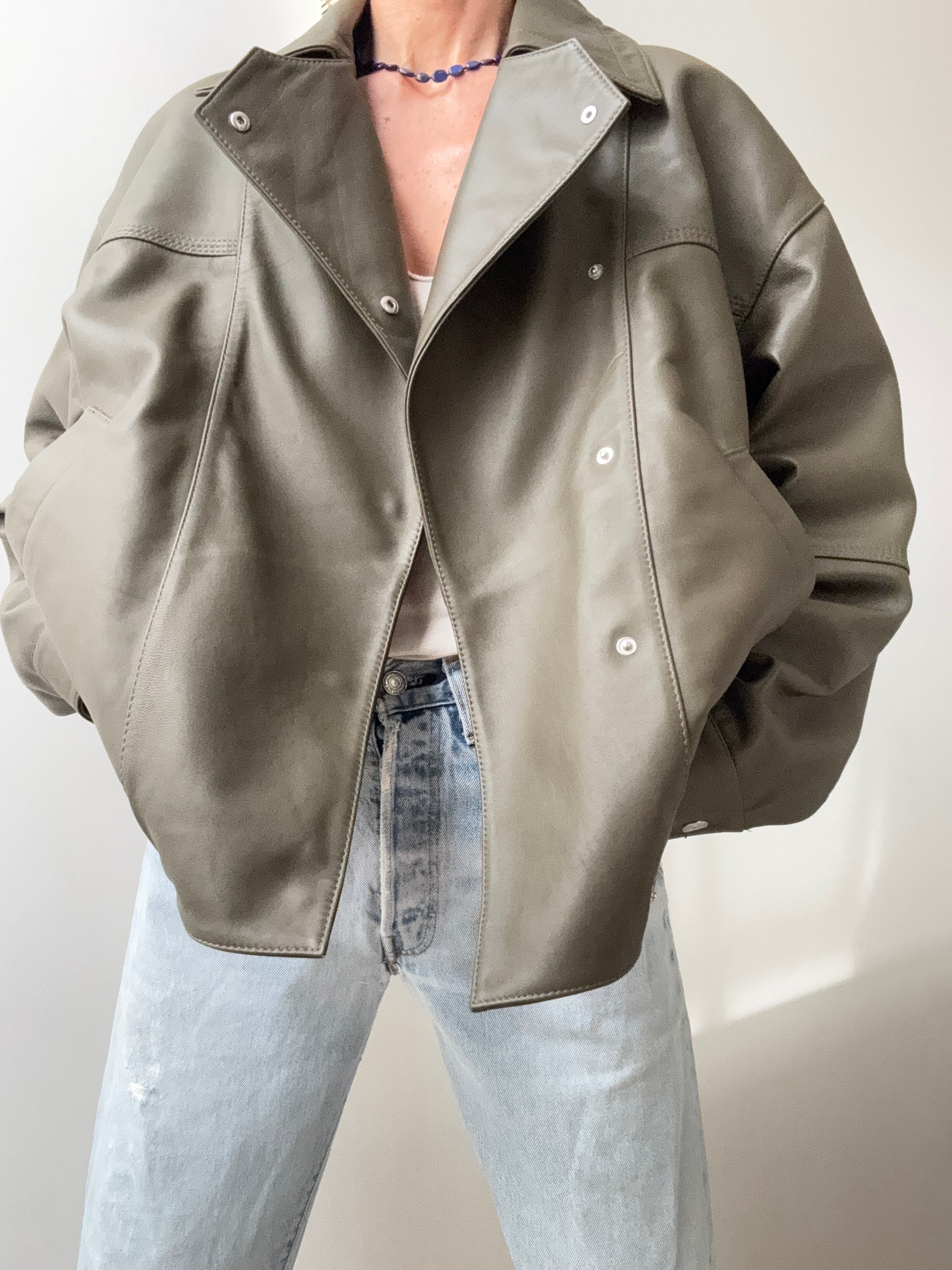 Cross Front Leather Jacket Khaki | Jackets