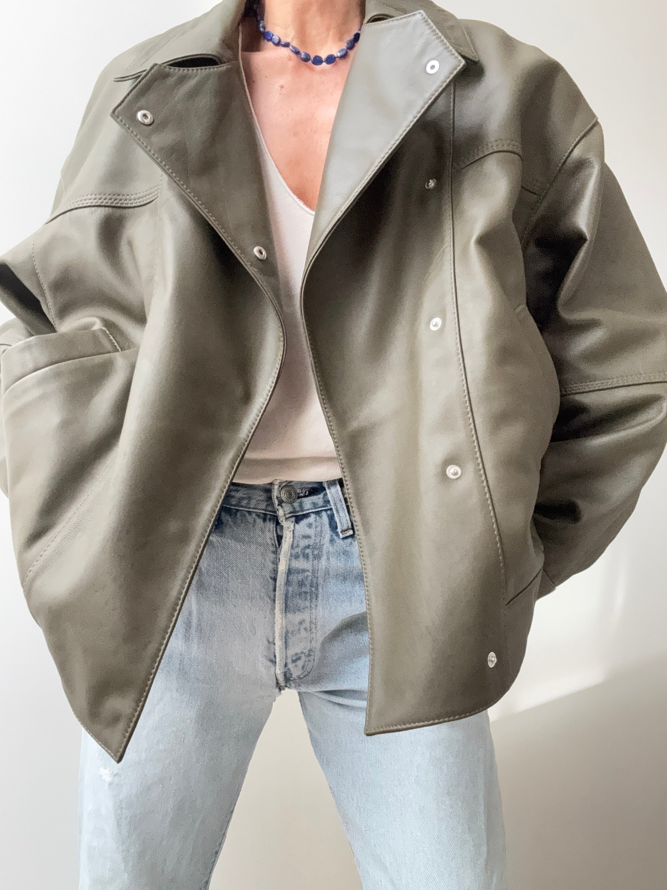 Cross Front Leather Jacket Khaki | Jackets