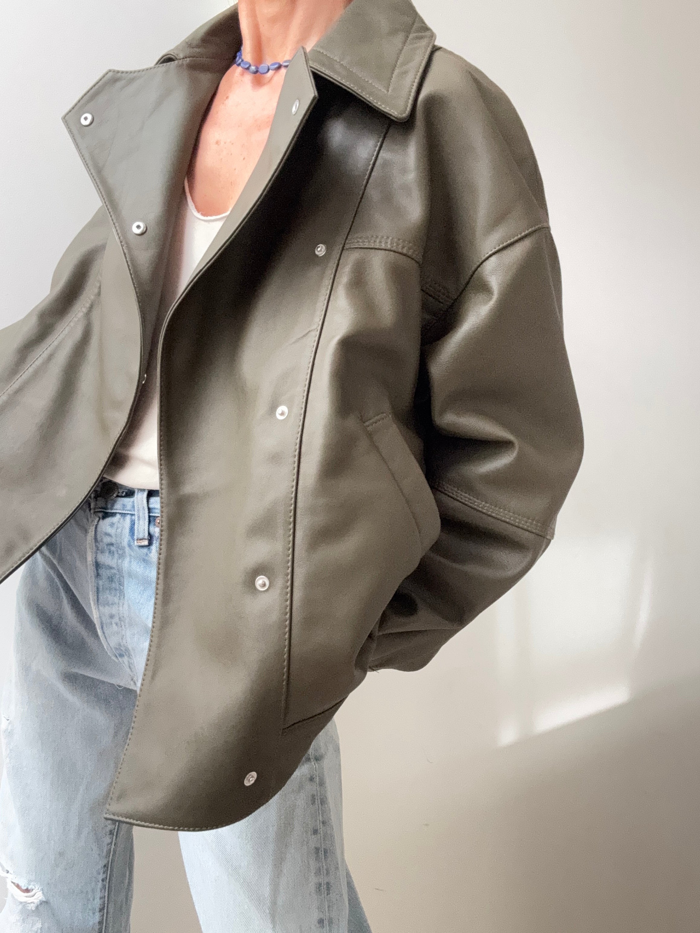 Cross Front Leather Jacket Khaki | Jackets