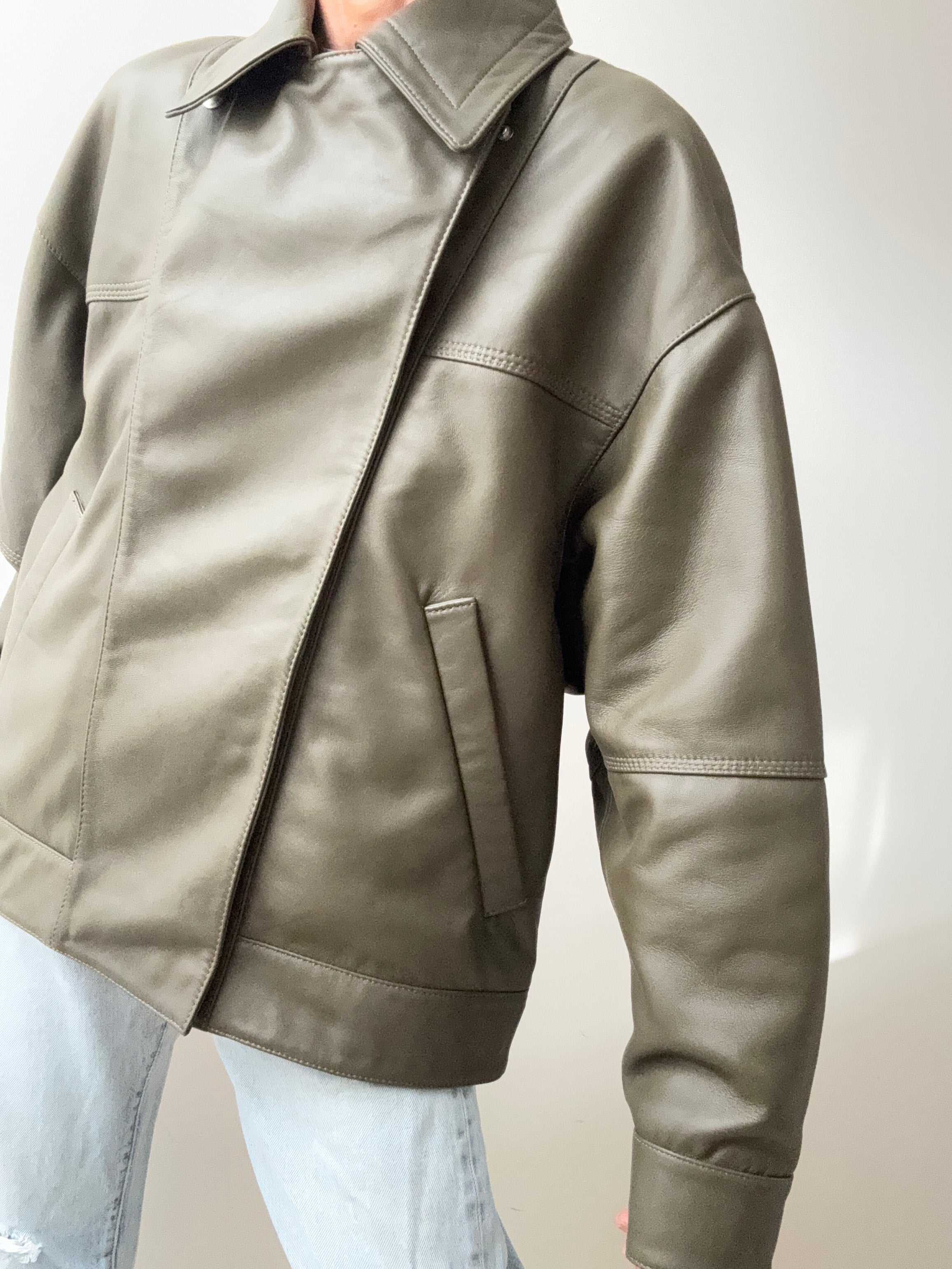 Cross Front Leather Jacket Khaki | Jackets