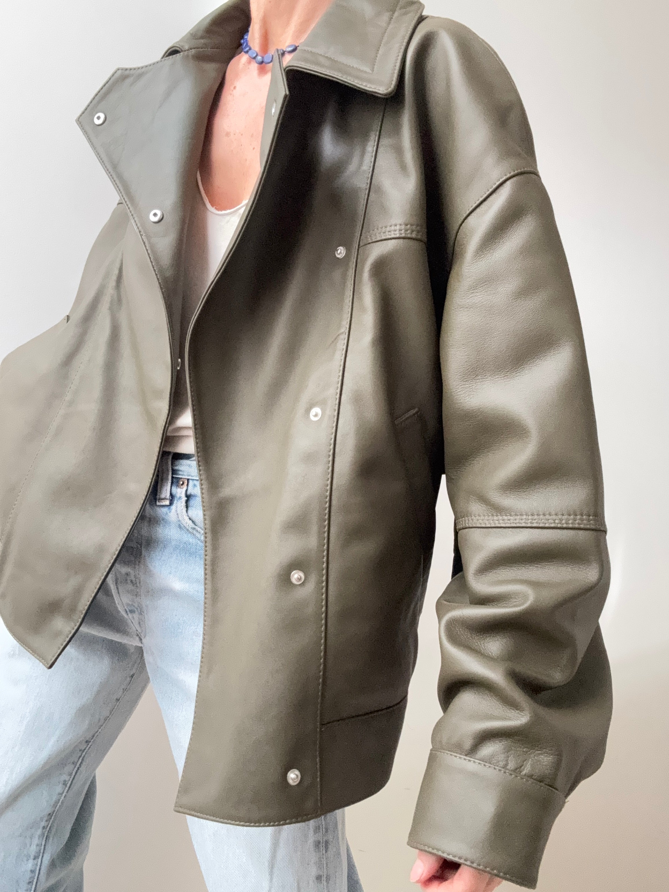 Cross Front Leather Jacket Khaki | Jackets
