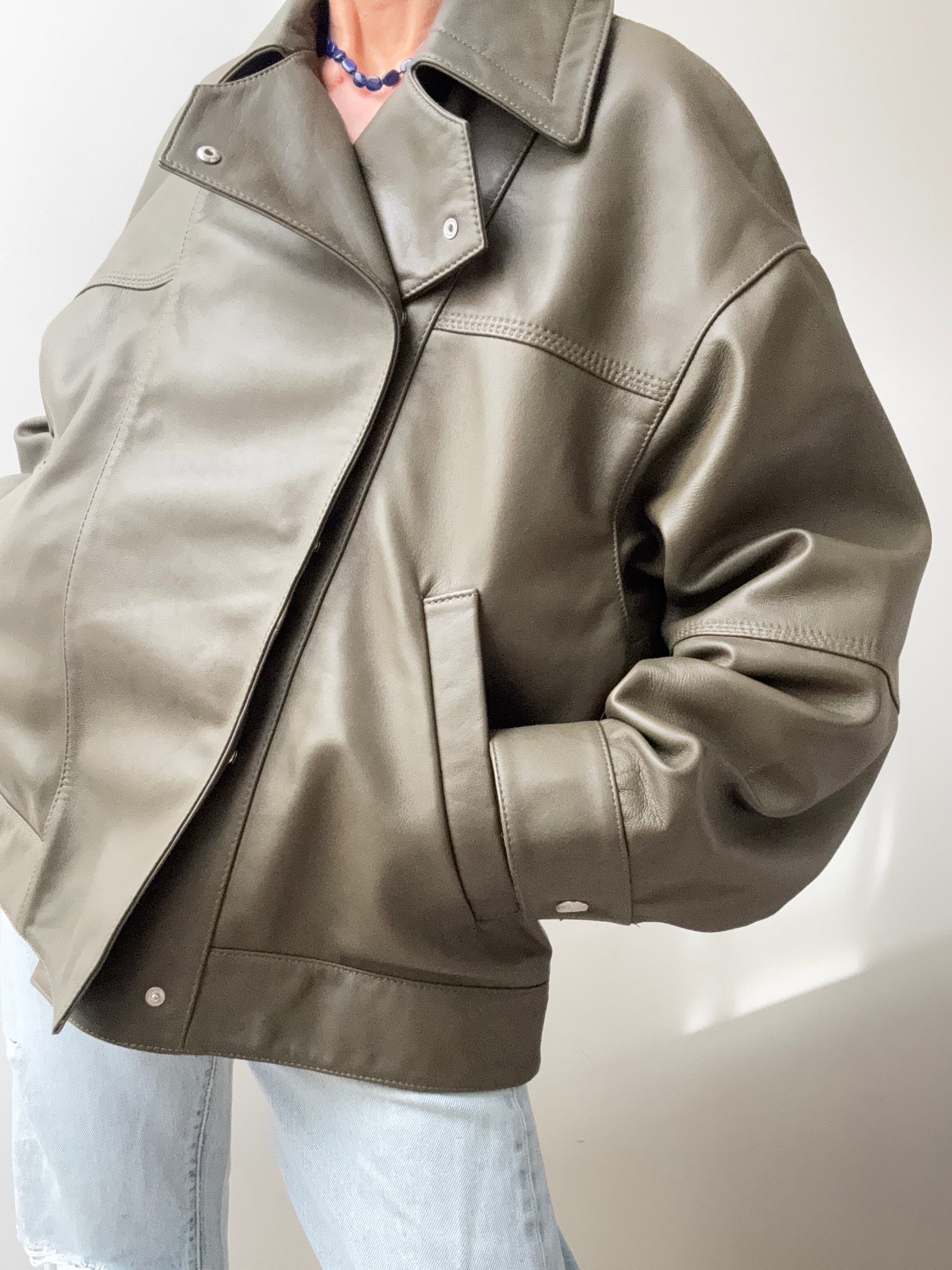 Cross Front Leather Jacket Khaki | Jackets