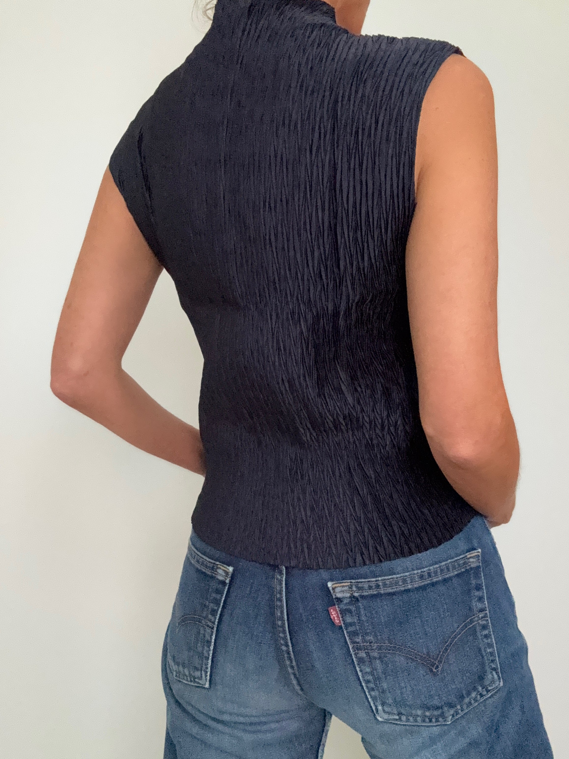 DKNY Tops High Neck Crinkle Top Navy