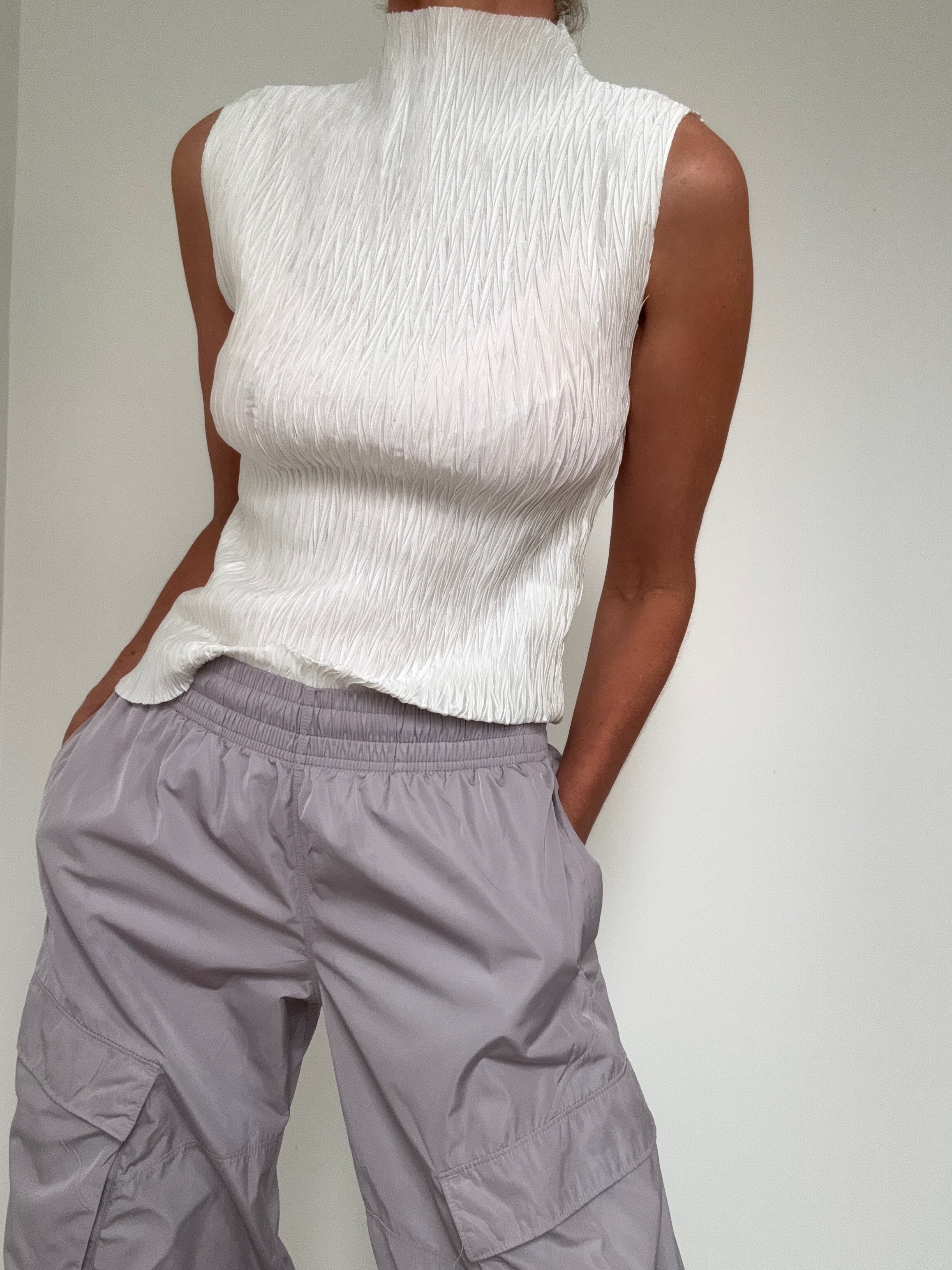 DKNY Tops High Neck Crinkle Top Snow