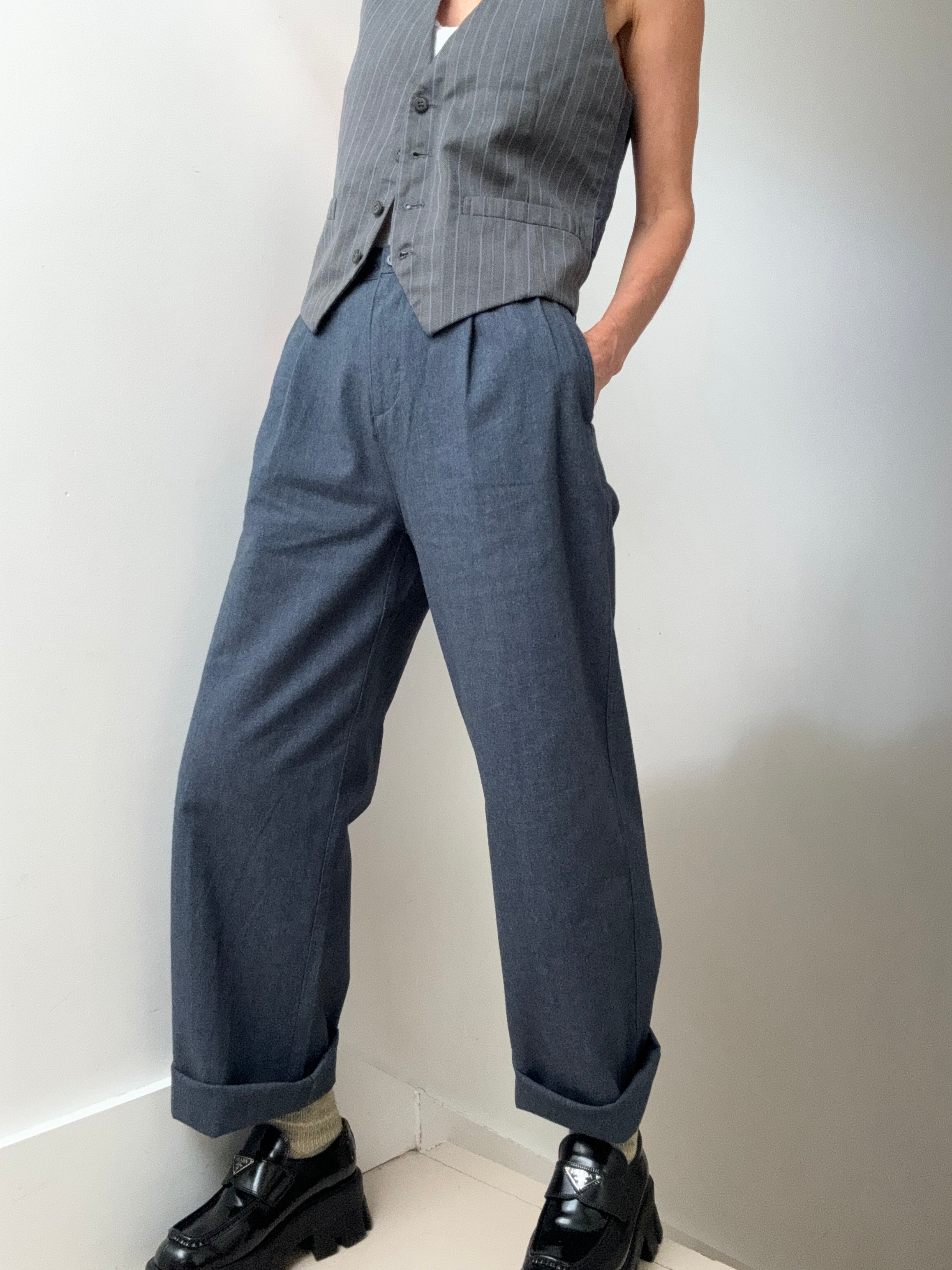 Dockers Pants Dockers High Pleated Wide Leg Trousers Blue Herringbone