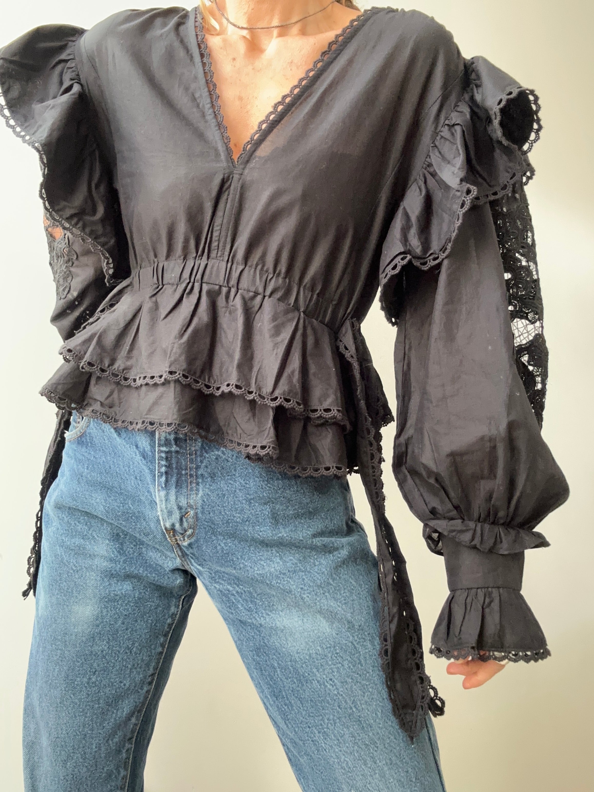 Farm Rio Embroidered Blouse Black | Blouses