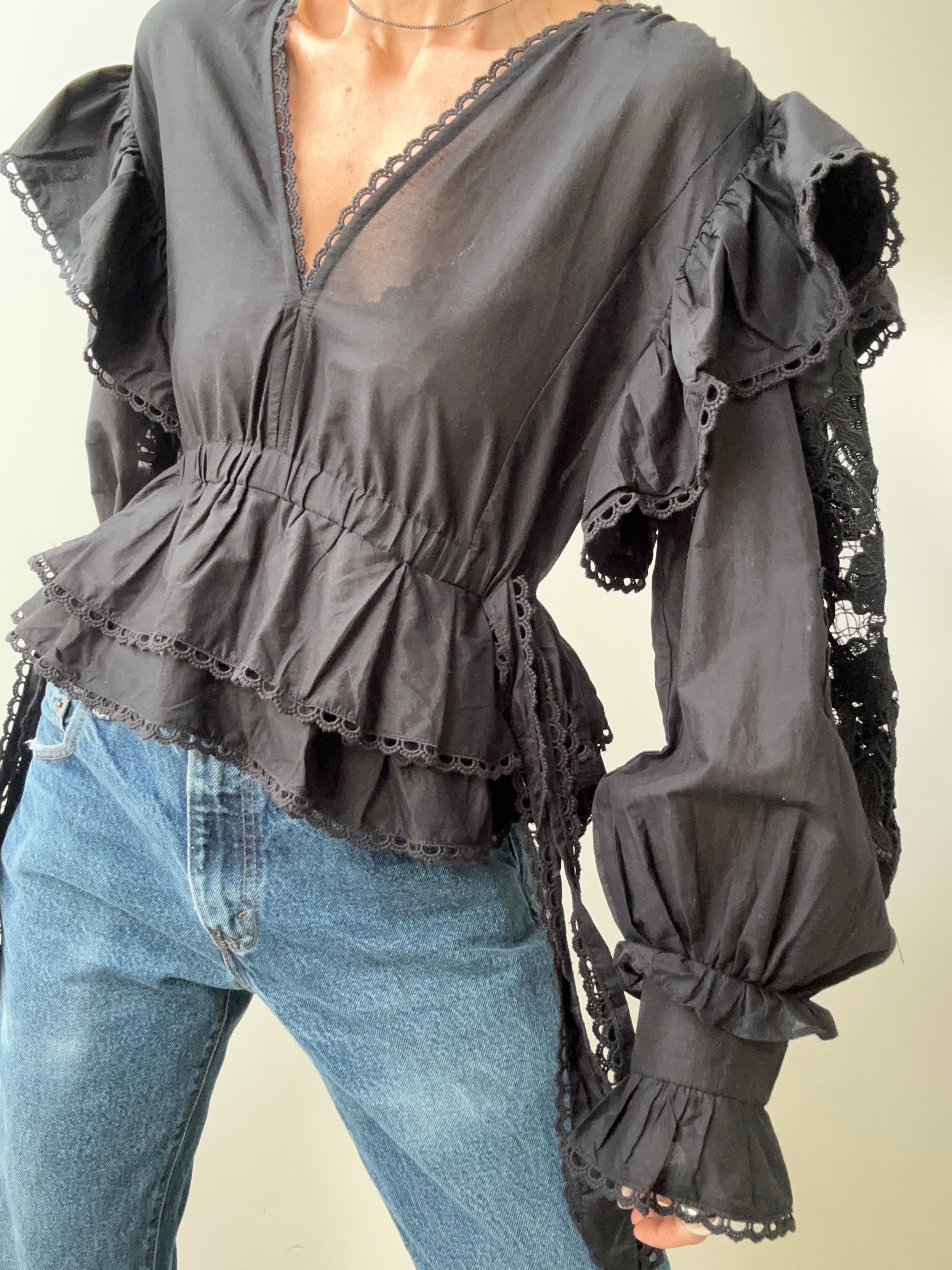 Farm Rio Embroidered Blouse Black | Blouses
