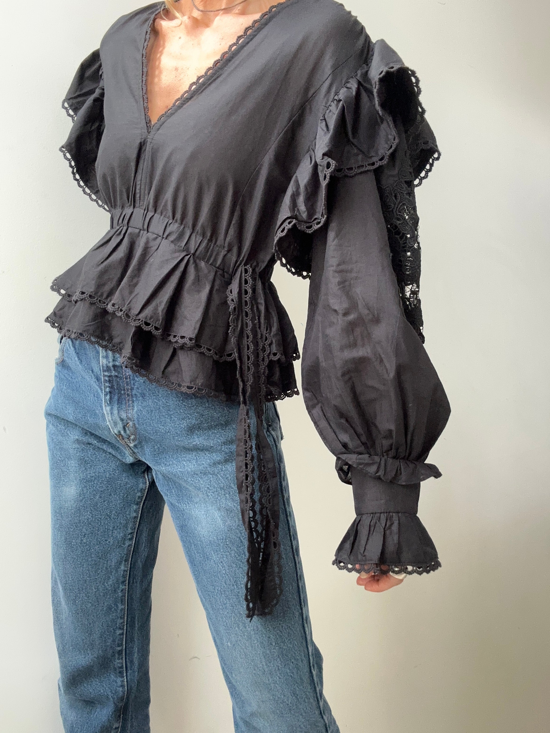 Farm Rio Embroidered Blouse Black | Blouses