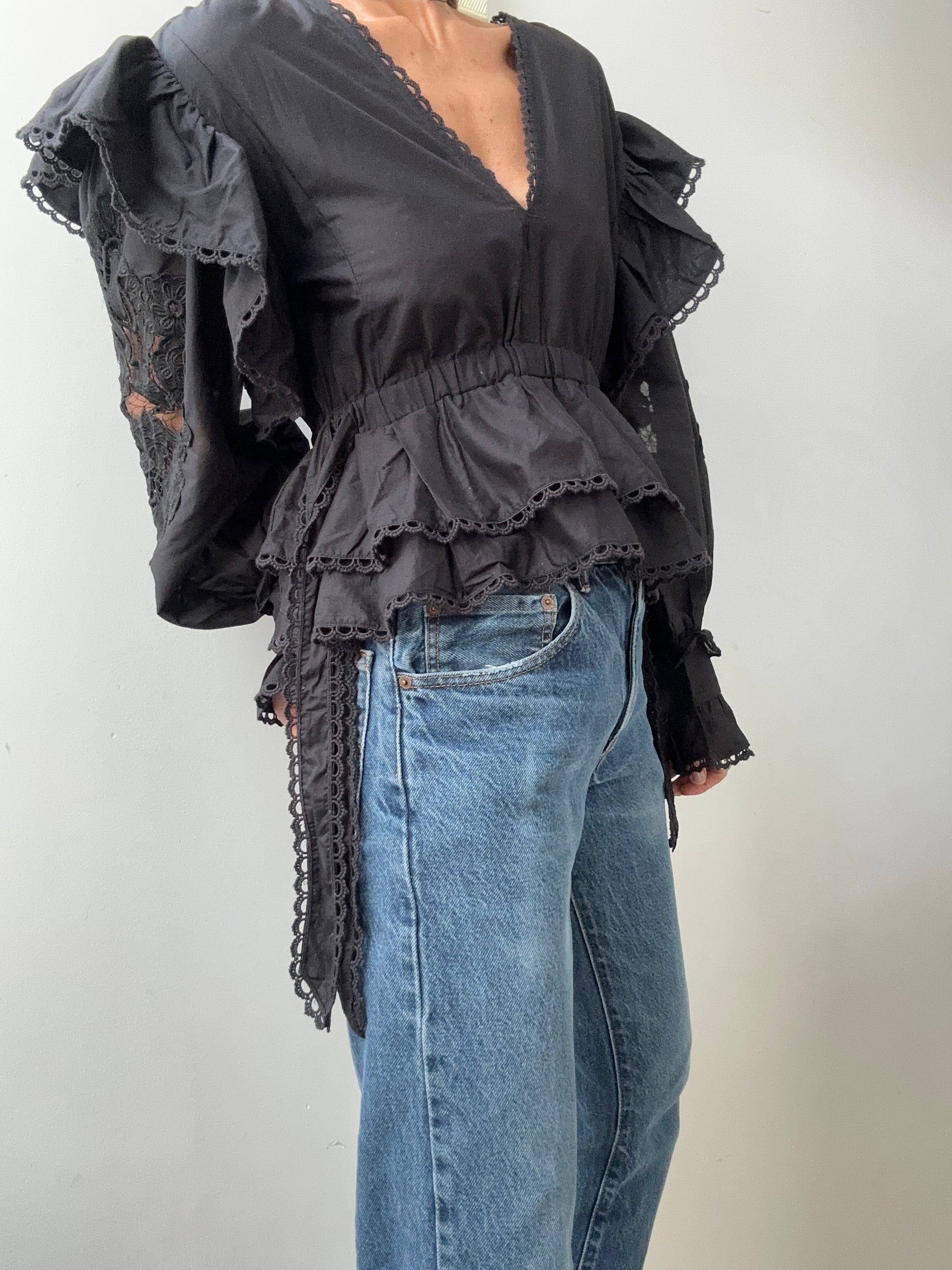 Farm Rio Blouses Farm Rio Embroidered Blouse Black