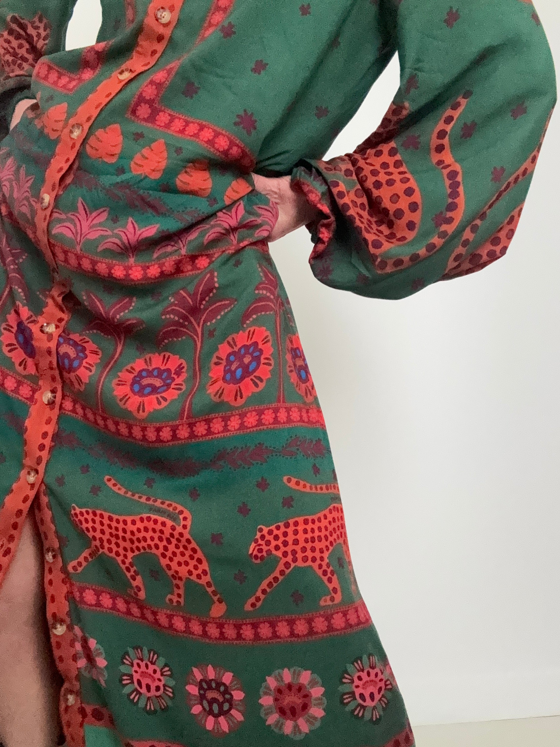 Farm Rio Dresses Farm Rio Long Sleeve Maxi Shirtdress Green
