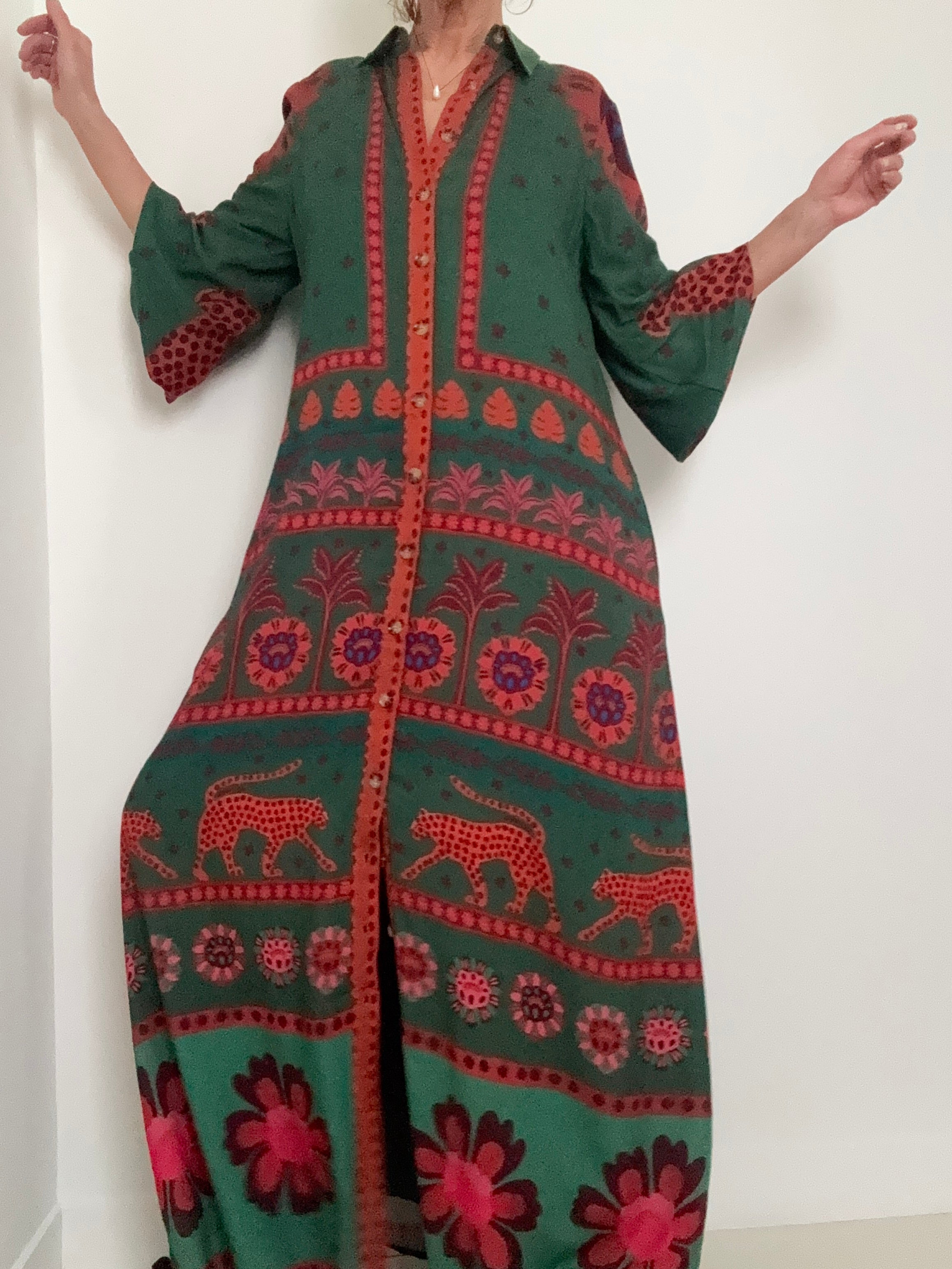 Farm Rio Dresses Farm Rio Long Sleeve Maxi Shirtdress Green