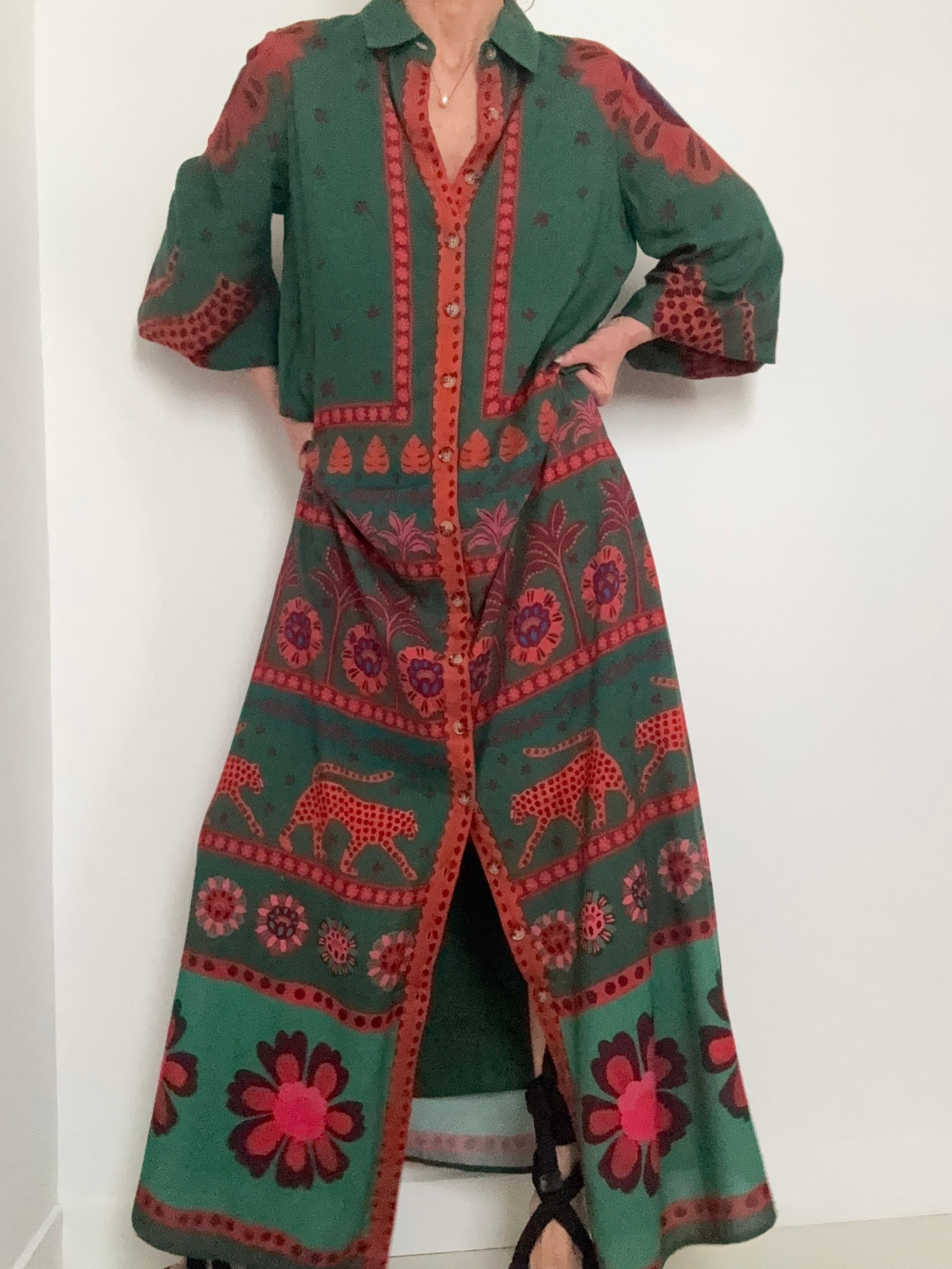 Farm Rio Dresses Farm Rio Long Sleeve Maxi Shirtdress Green