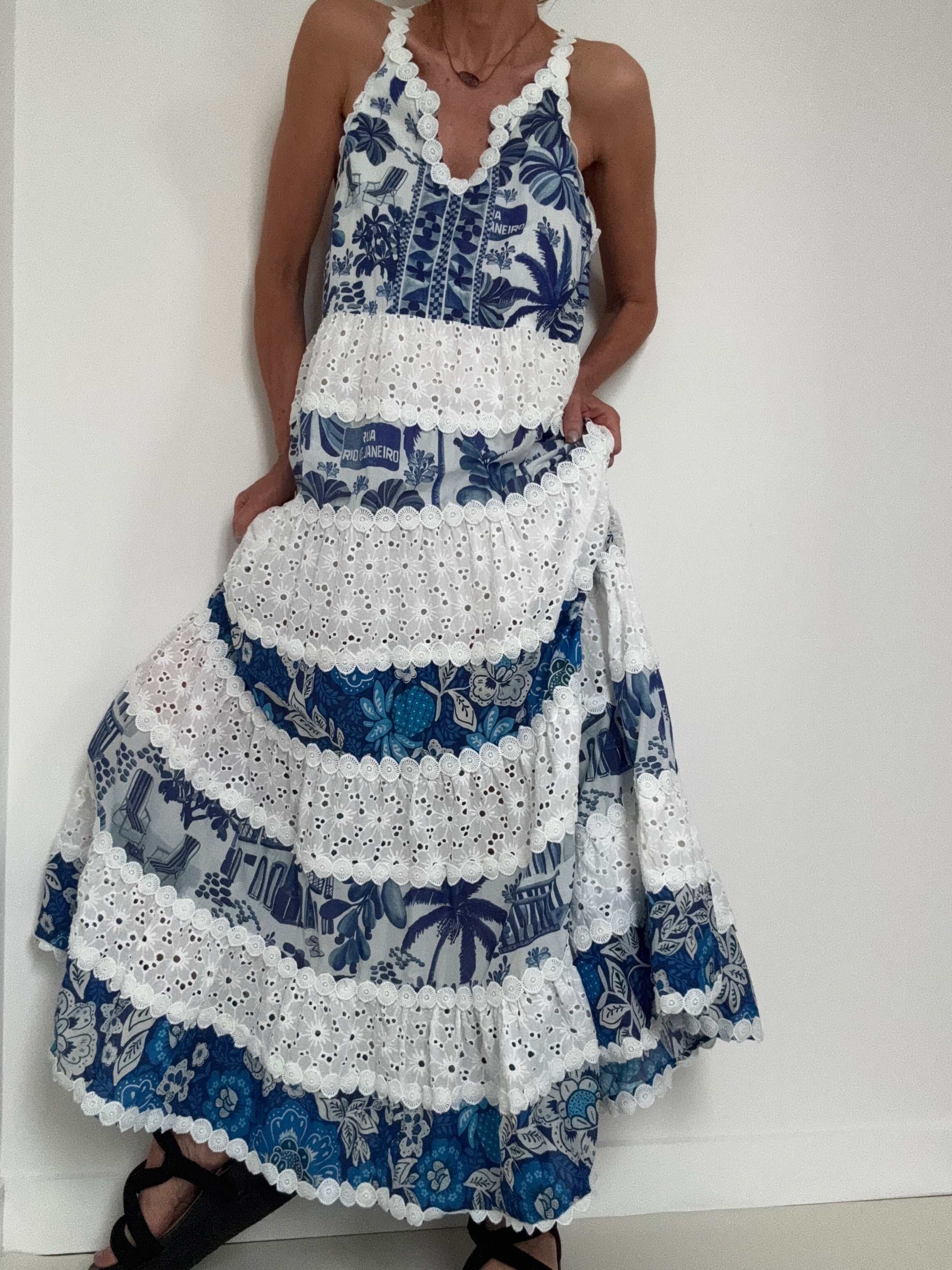 Mixed White And Blue Prints Maxi Dress | Dresses