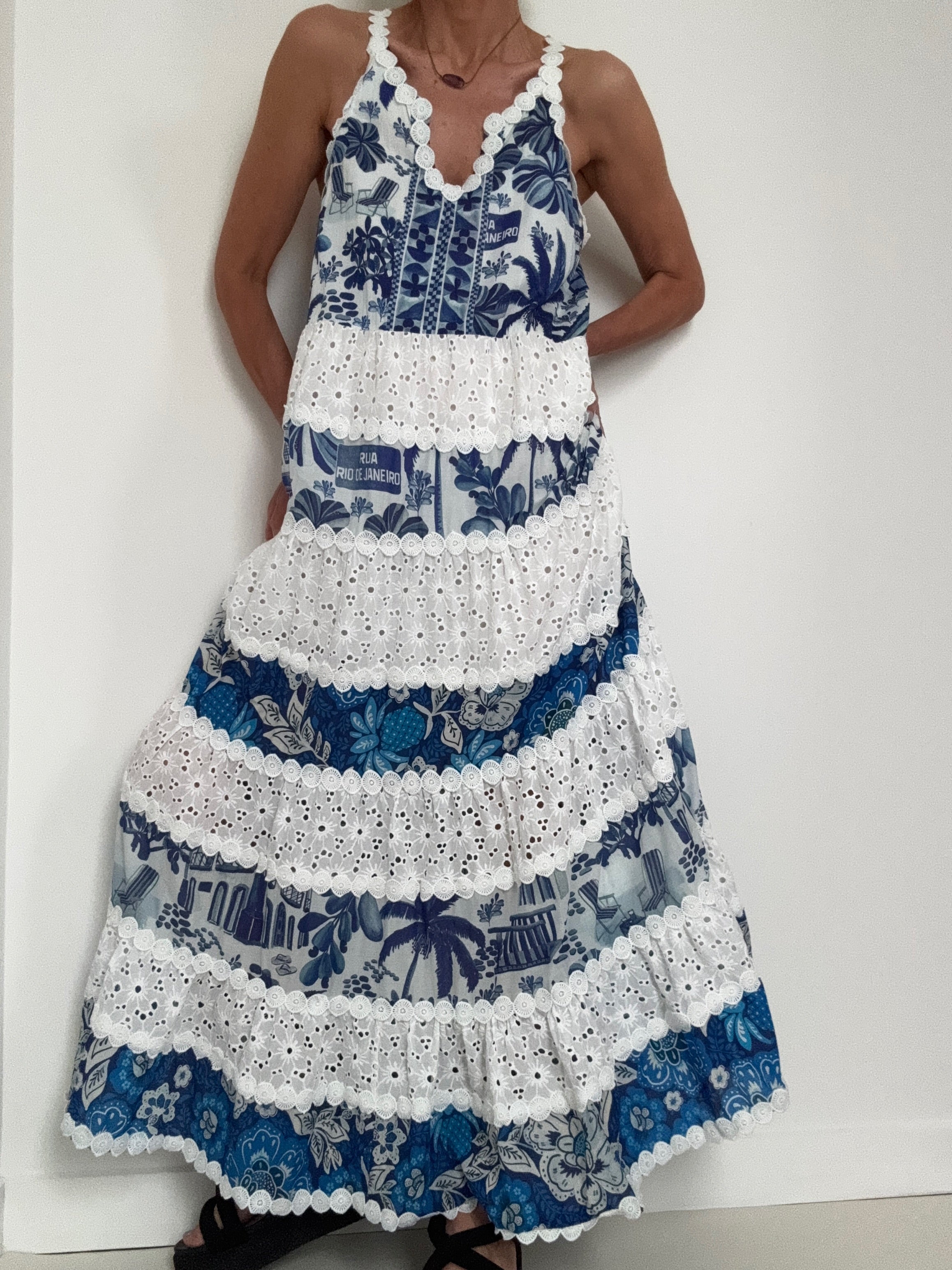 Mixed White And Blue Prints Maxi Dress | Dresses