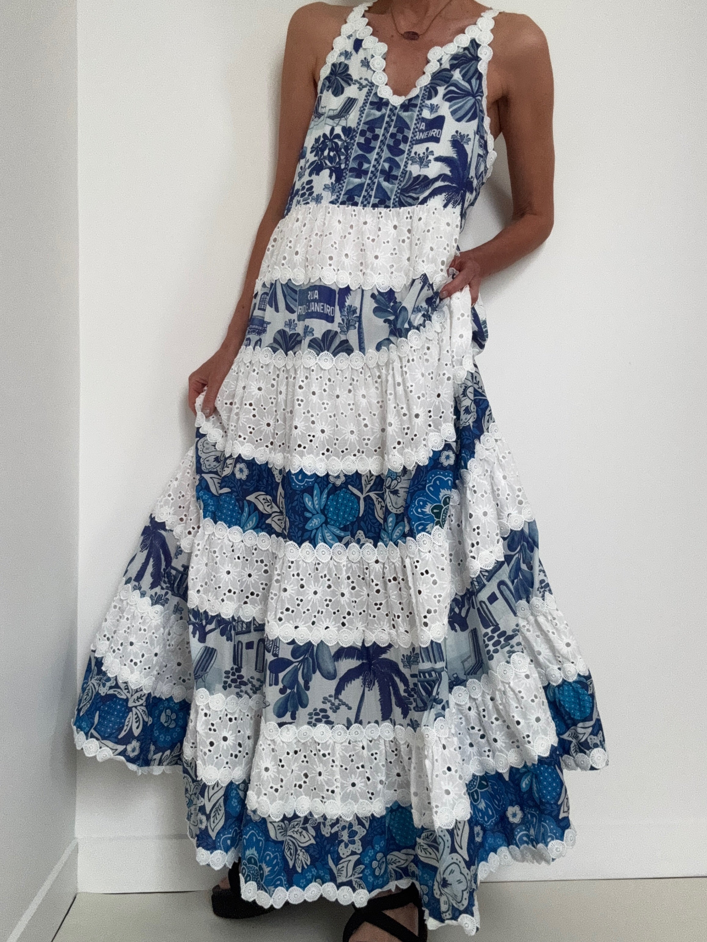 Mixed White And Blue Prints Maxi Dress | Dresses