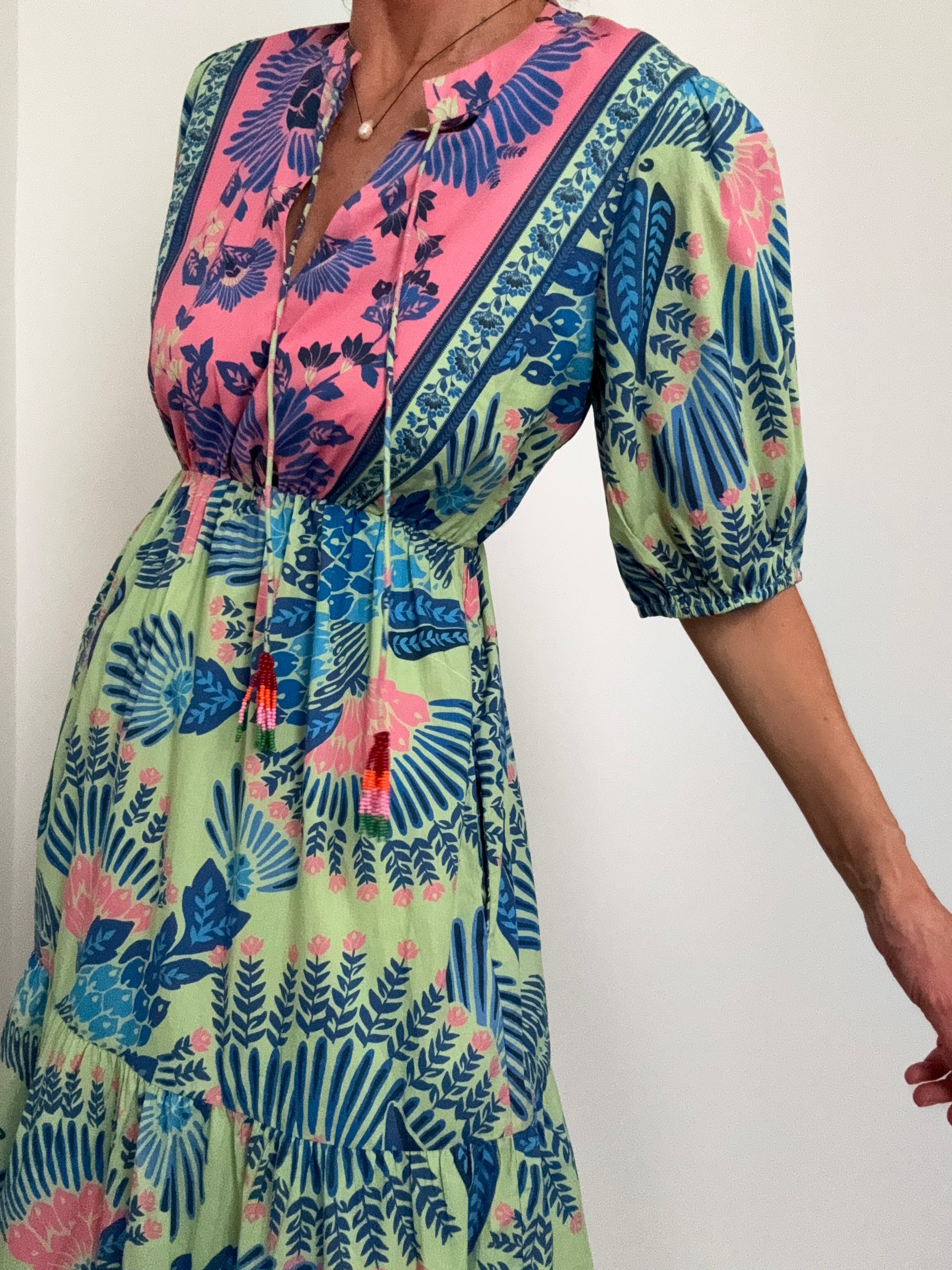 Farm Rio Dresses Short Sleeve Tiered Summer Midi Dress