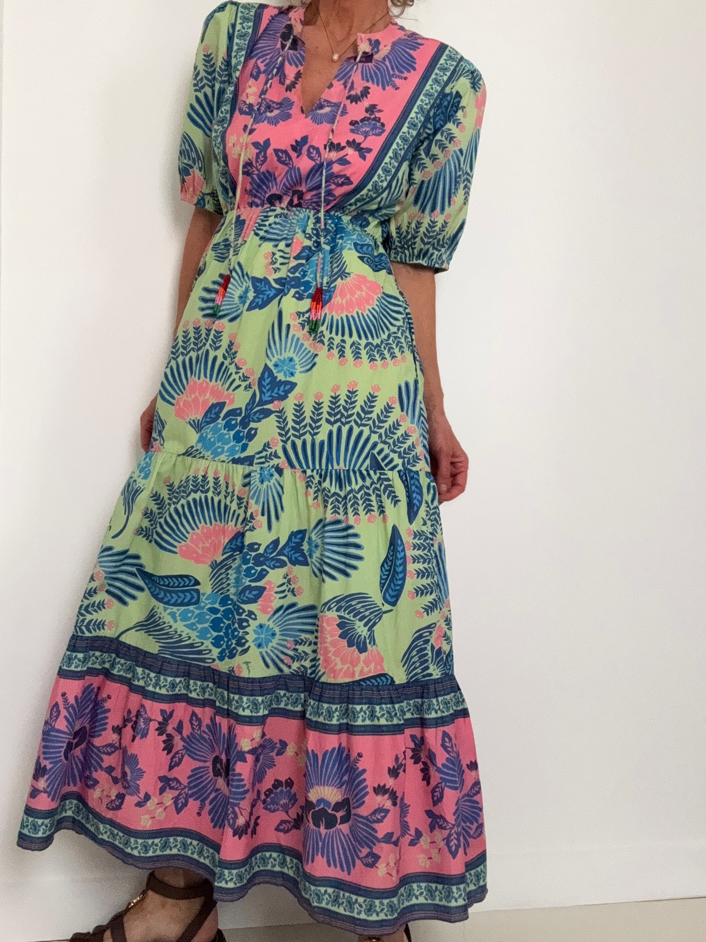Farm Rio Dresses Short Sleeve Tiered Summer Midi Dress