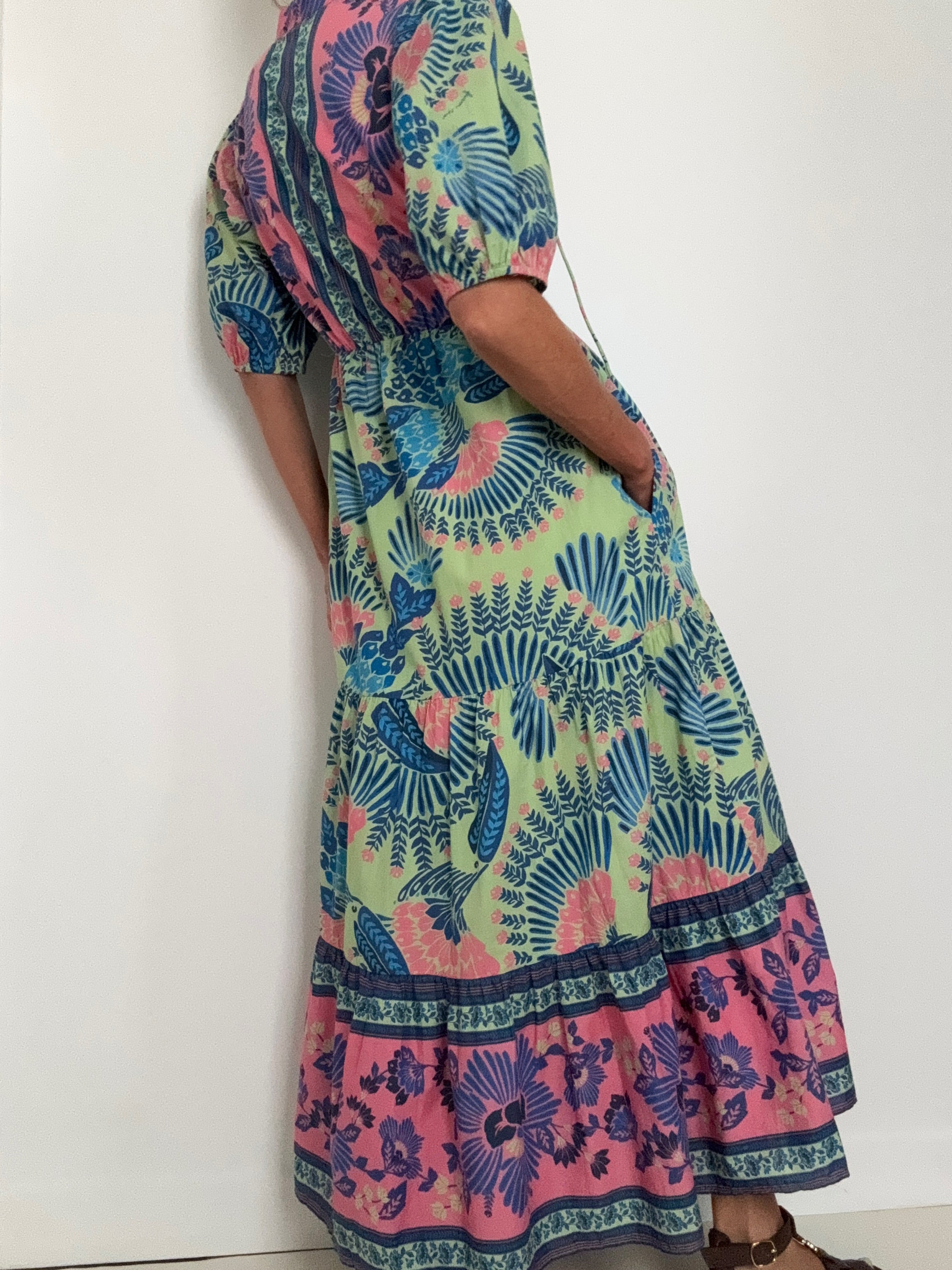 Farm Rio Dresses Short Sleeve Tiered Summer Midi Dress
