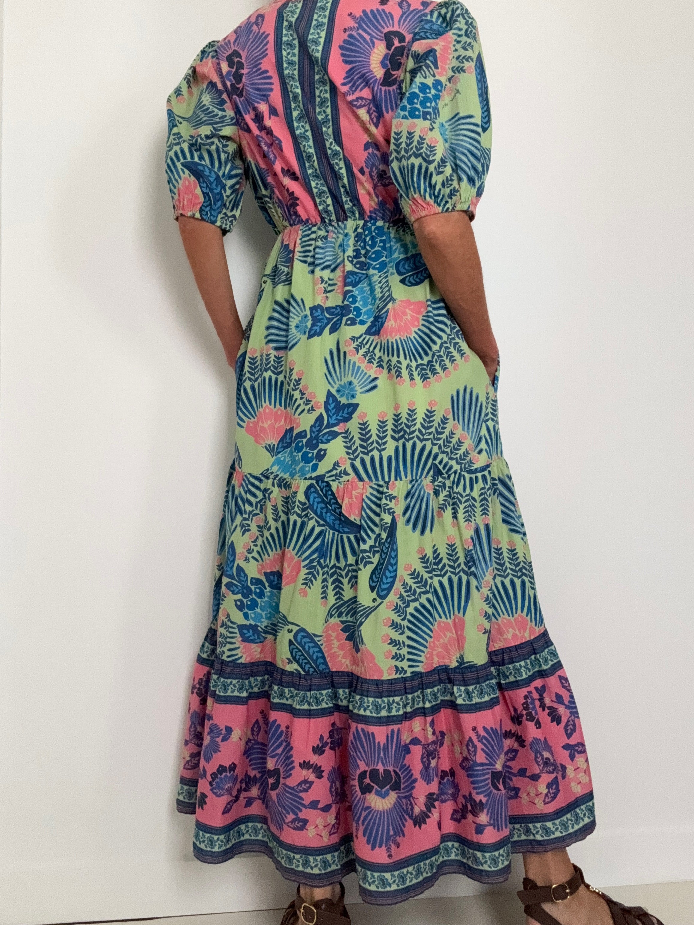 Farm Rio Dresses Short Sleeve Tiered Summer Midi Dress