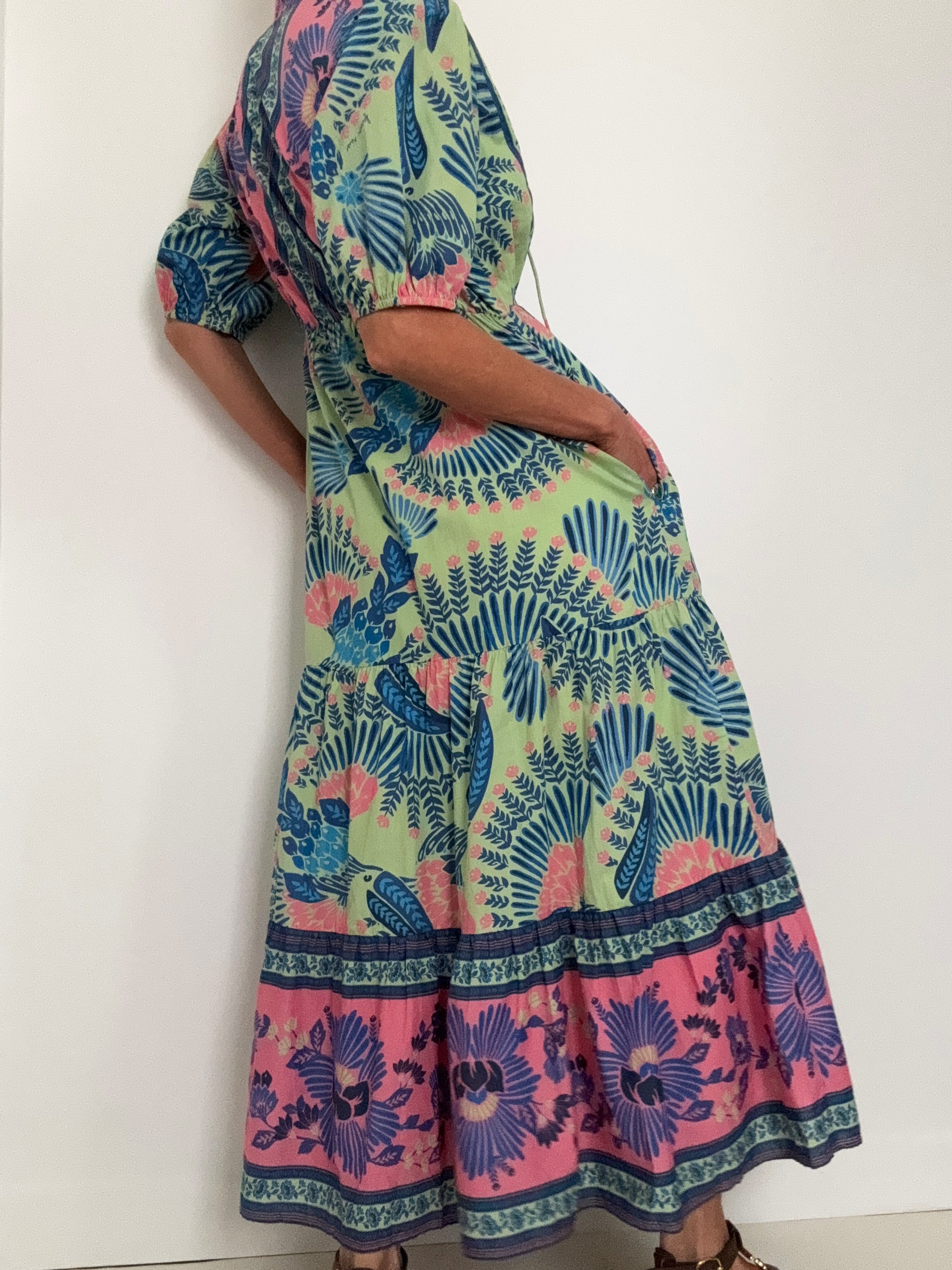 Farm Rio Dresses Short Sleeve Tiered Summer Midi Dress