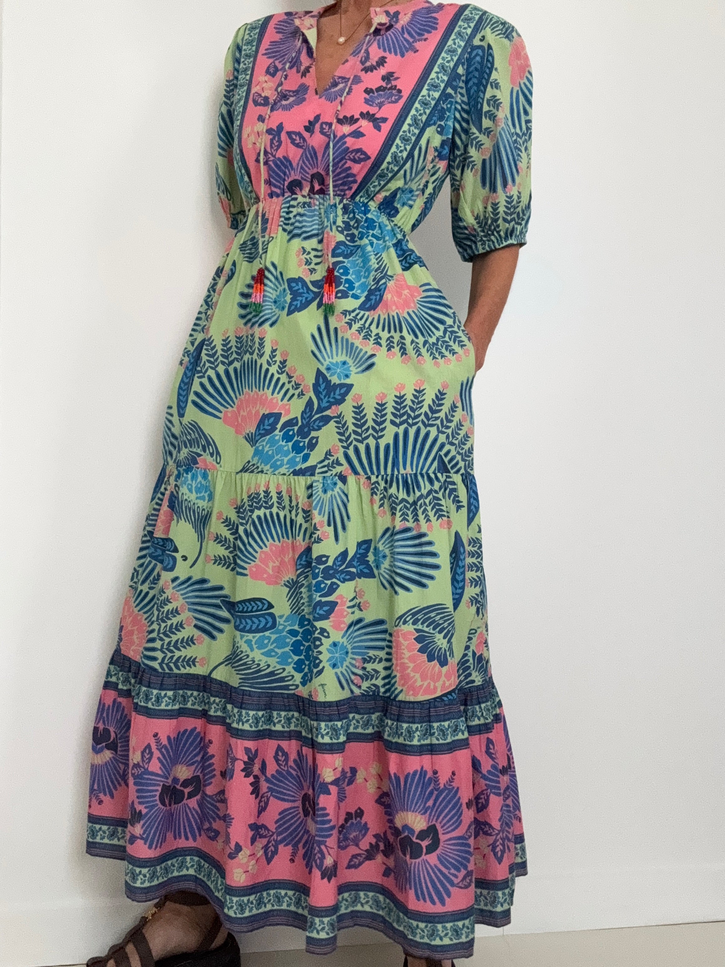 Farm Rio Dresses Short Sleeve Tiered Summer Midi Dress