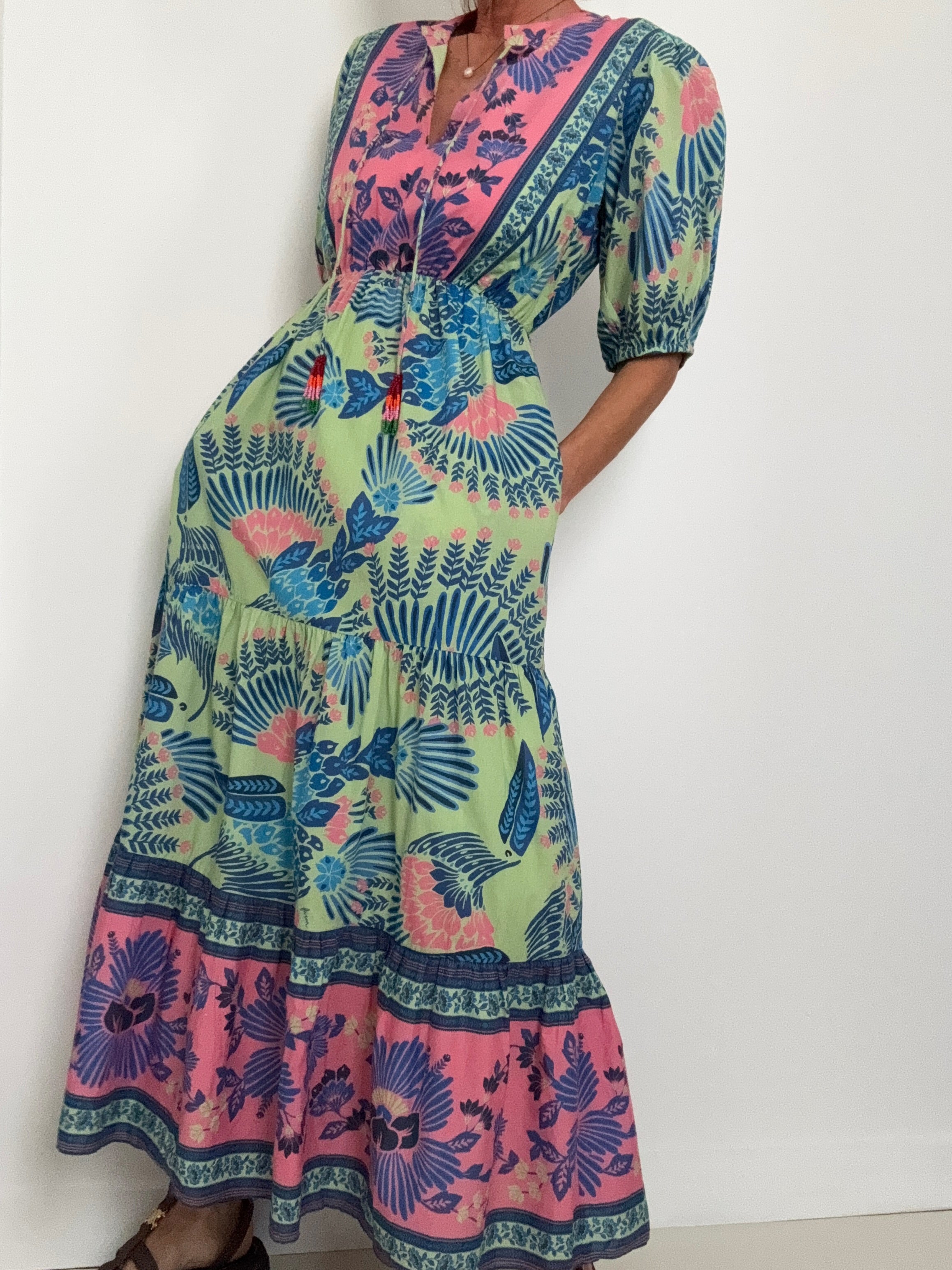 Farm Rio Dresses Short Sleeve Tiered Summer Midi Dress