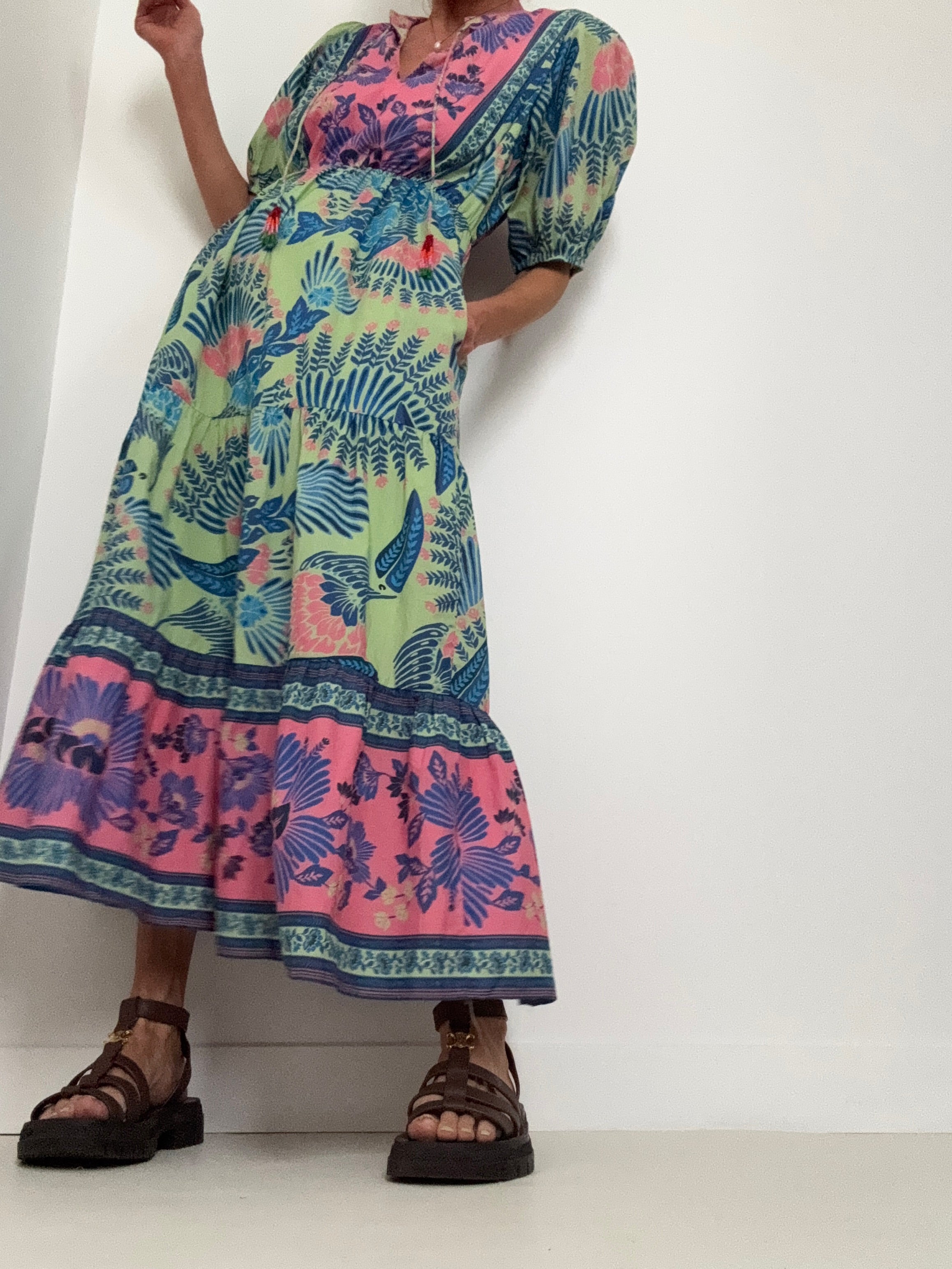 Farm Rio Dresses Short Sleeve Tiered Summer Midi Dress