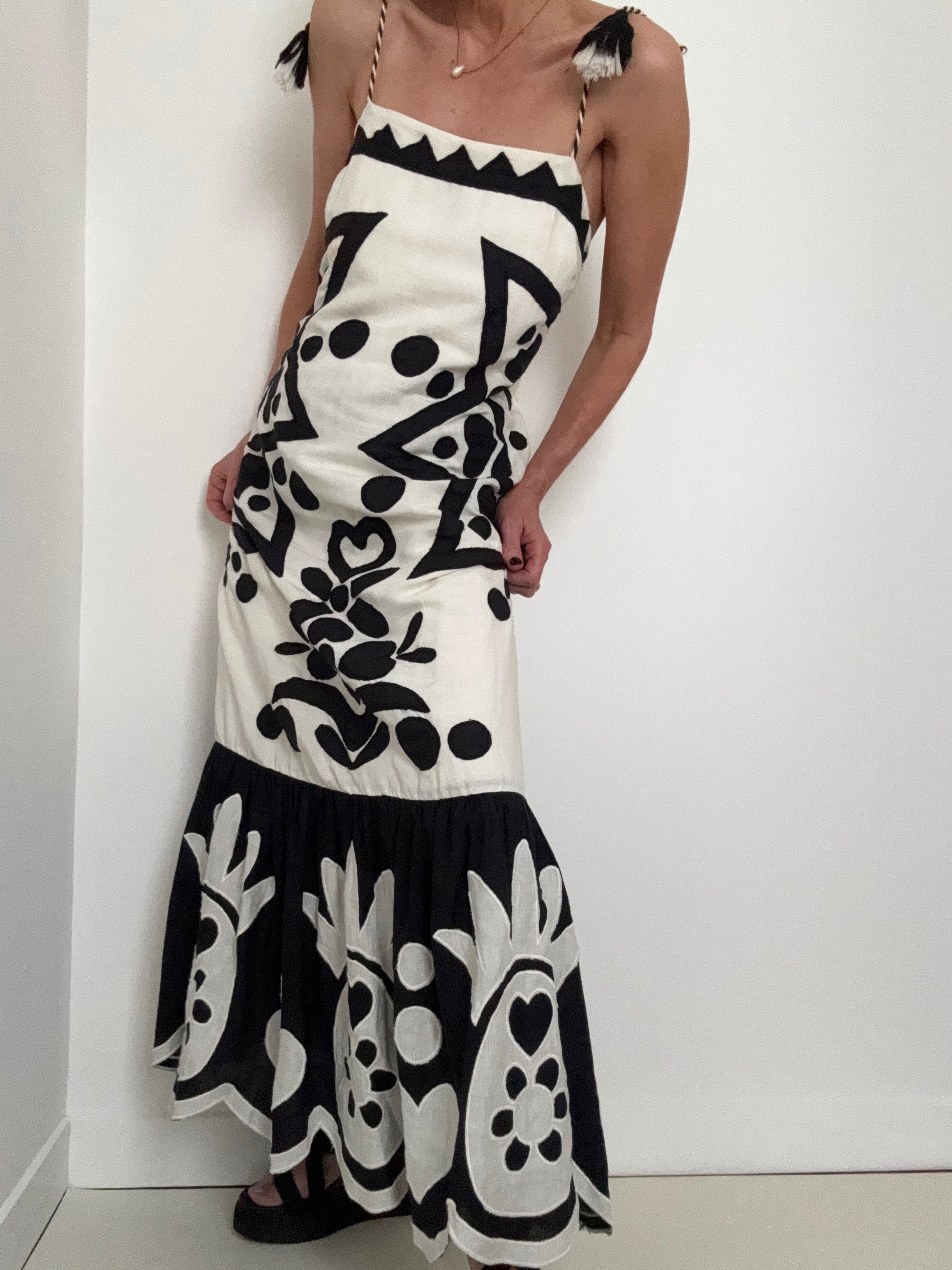 Square Neck Linen Patchwork Midi Dress | Dresses