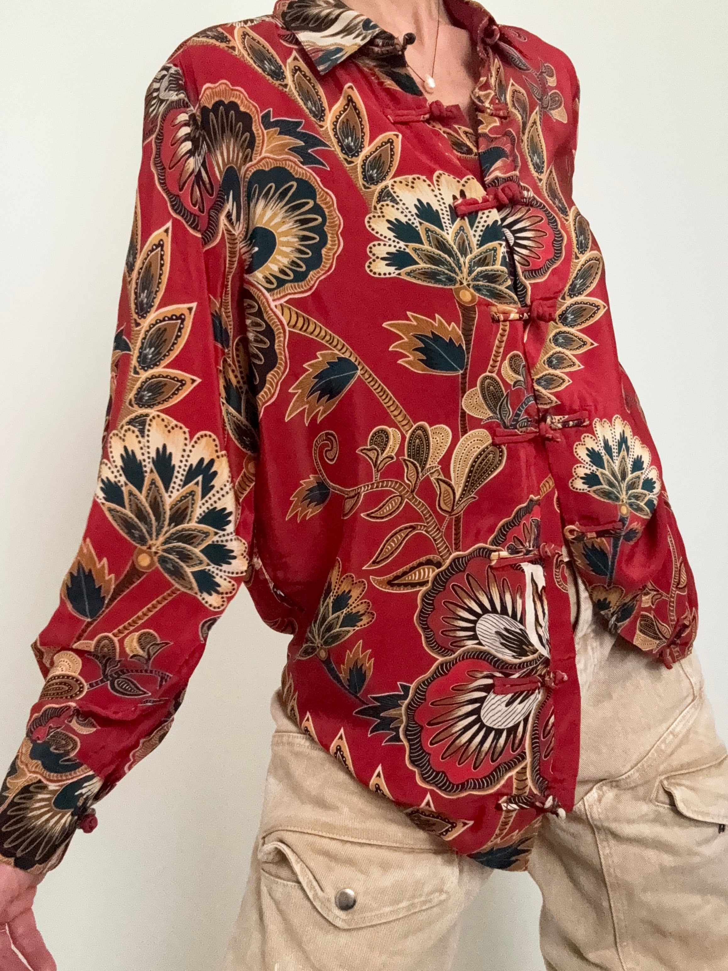 Farm Rio Shirts Red Maxi Floral Pajama Shirt