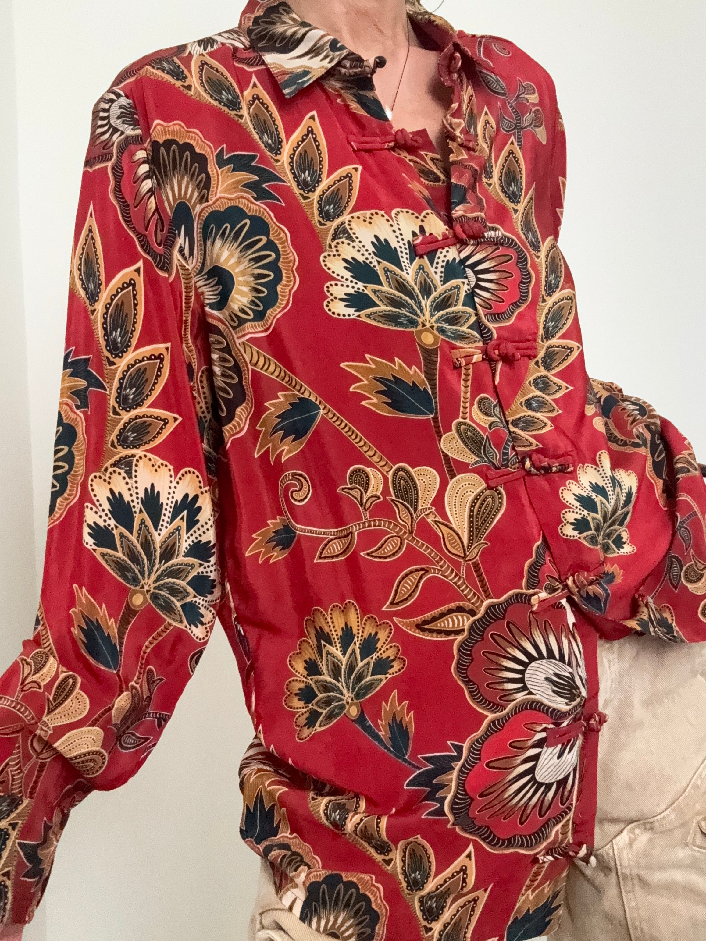 Farm Rio Shirts Red Maxi Floral Pajama Shirt