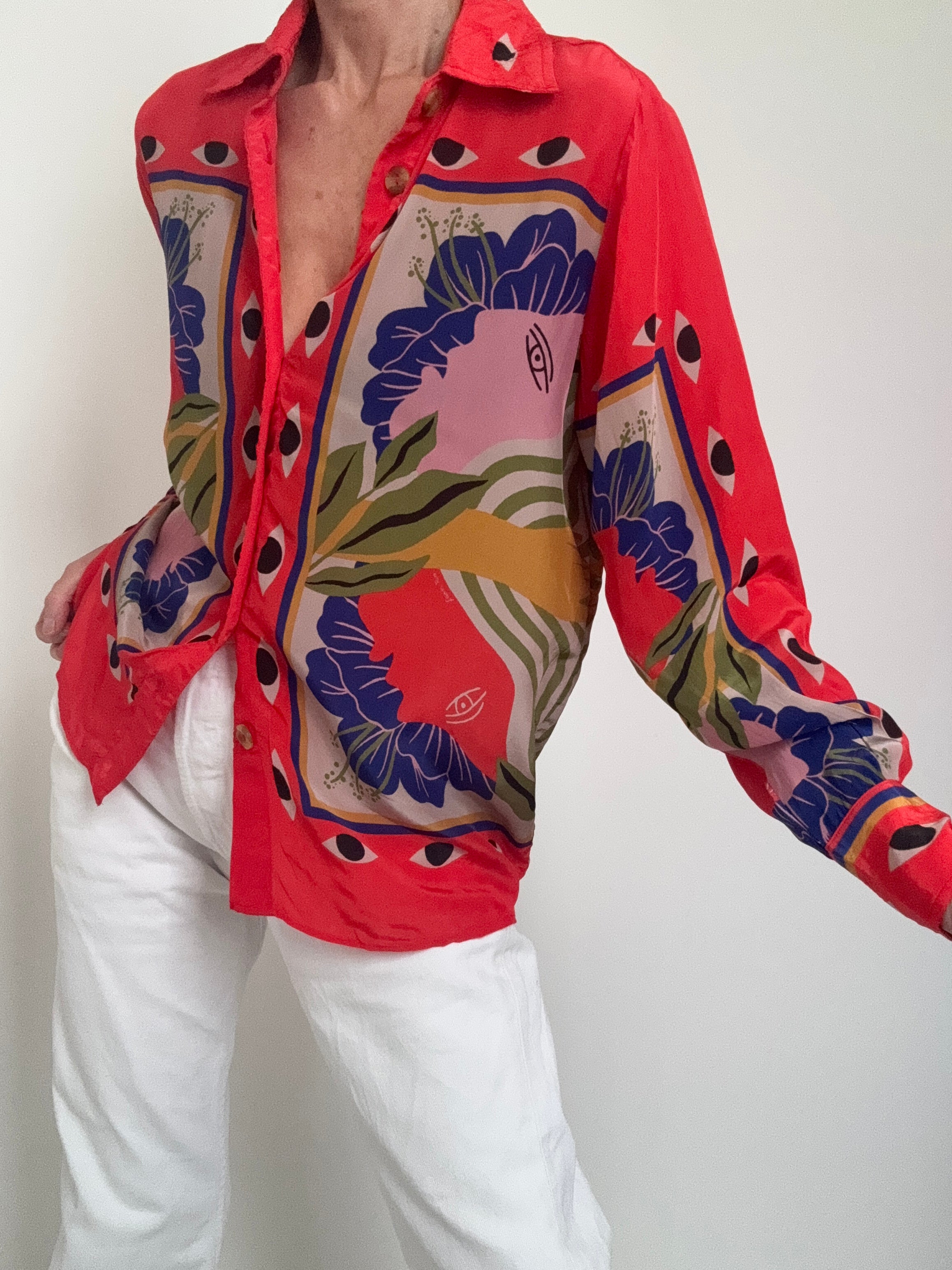 Farm Rio Shirts Sand Surreal Scarf Pajama Shirt Coral