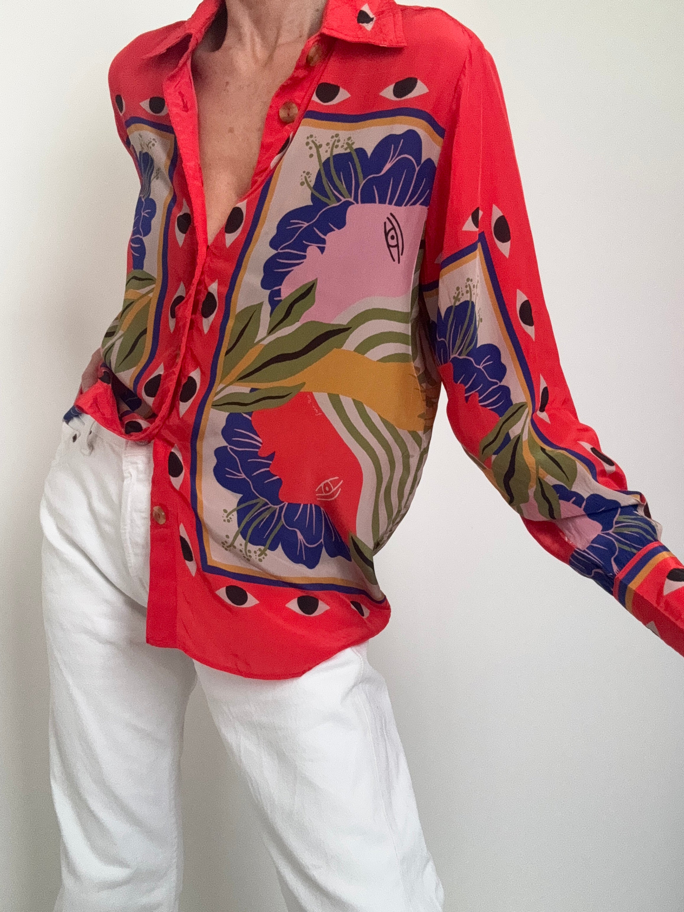 Farm Rio Shirts Sand Surreal Scarf Pajama Shirt Coral