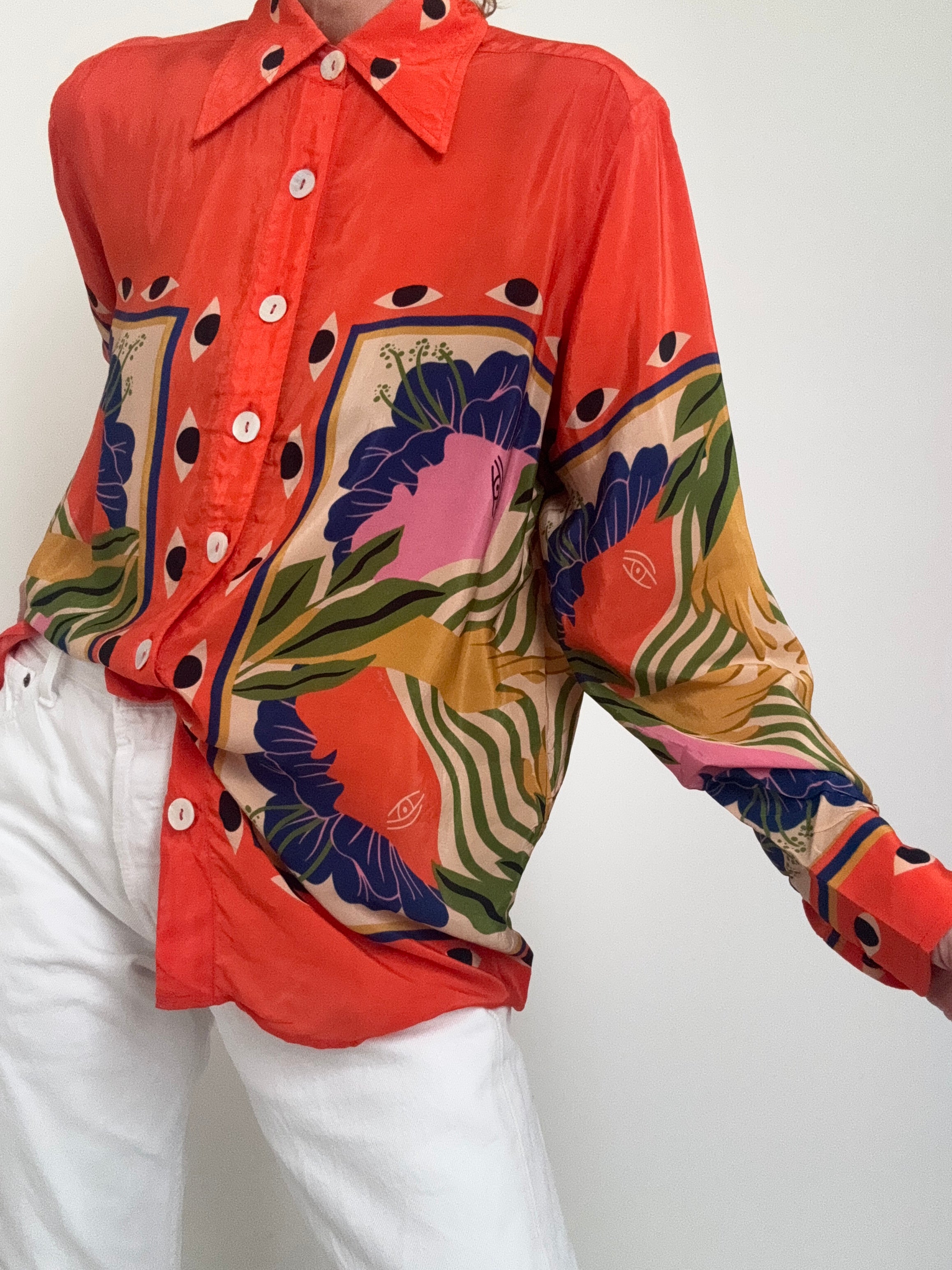 Farm Rio Shirts Sand Surreal Scarf Pajama Shirt Tangerine